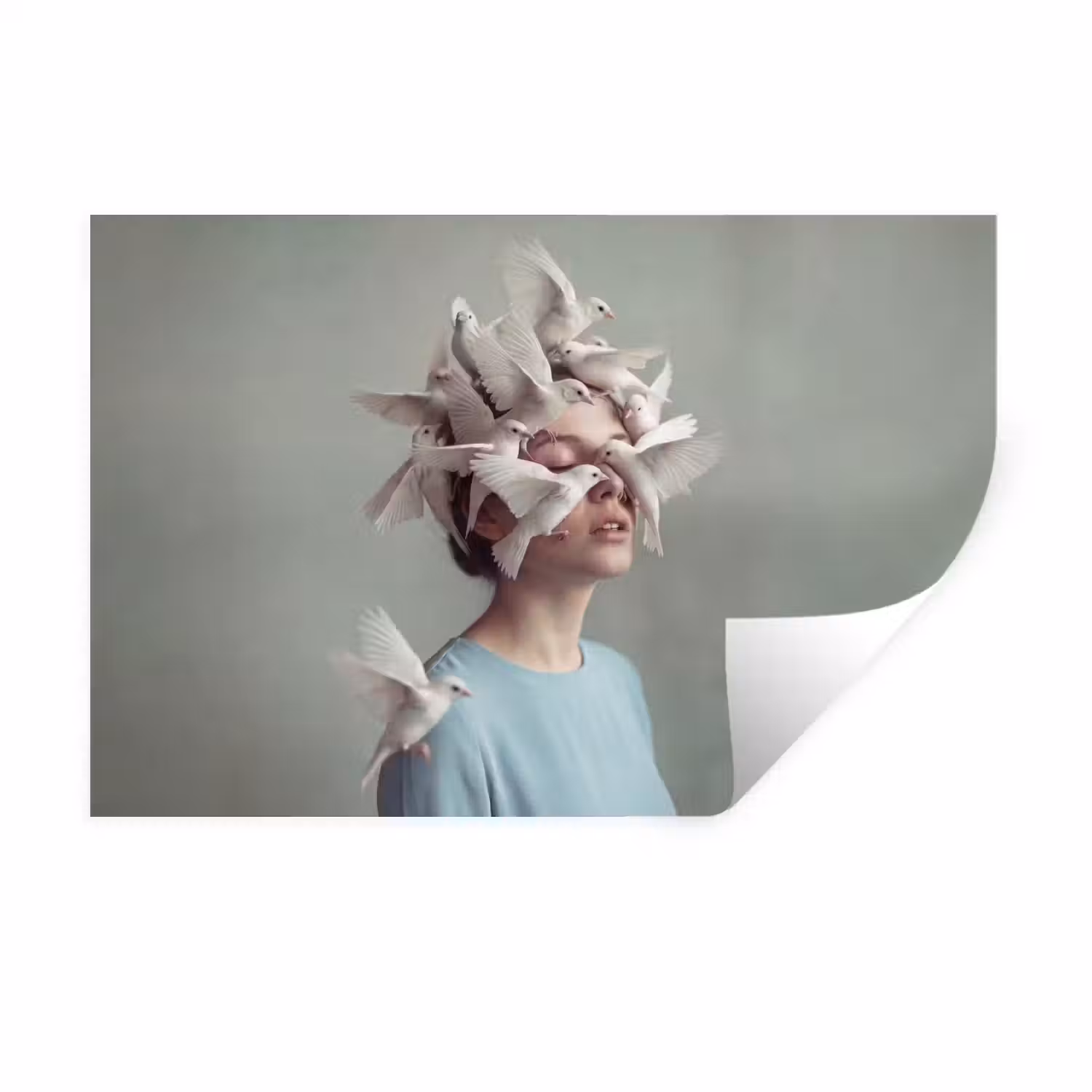 Vrouw - Vogels - Abstract - Modern - Wit Muursticker klein -3d