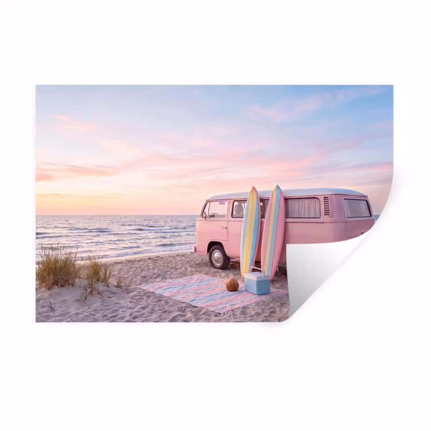 Busje - Strand - Surfplank - Zomer - Roze Muursticker klein -3d