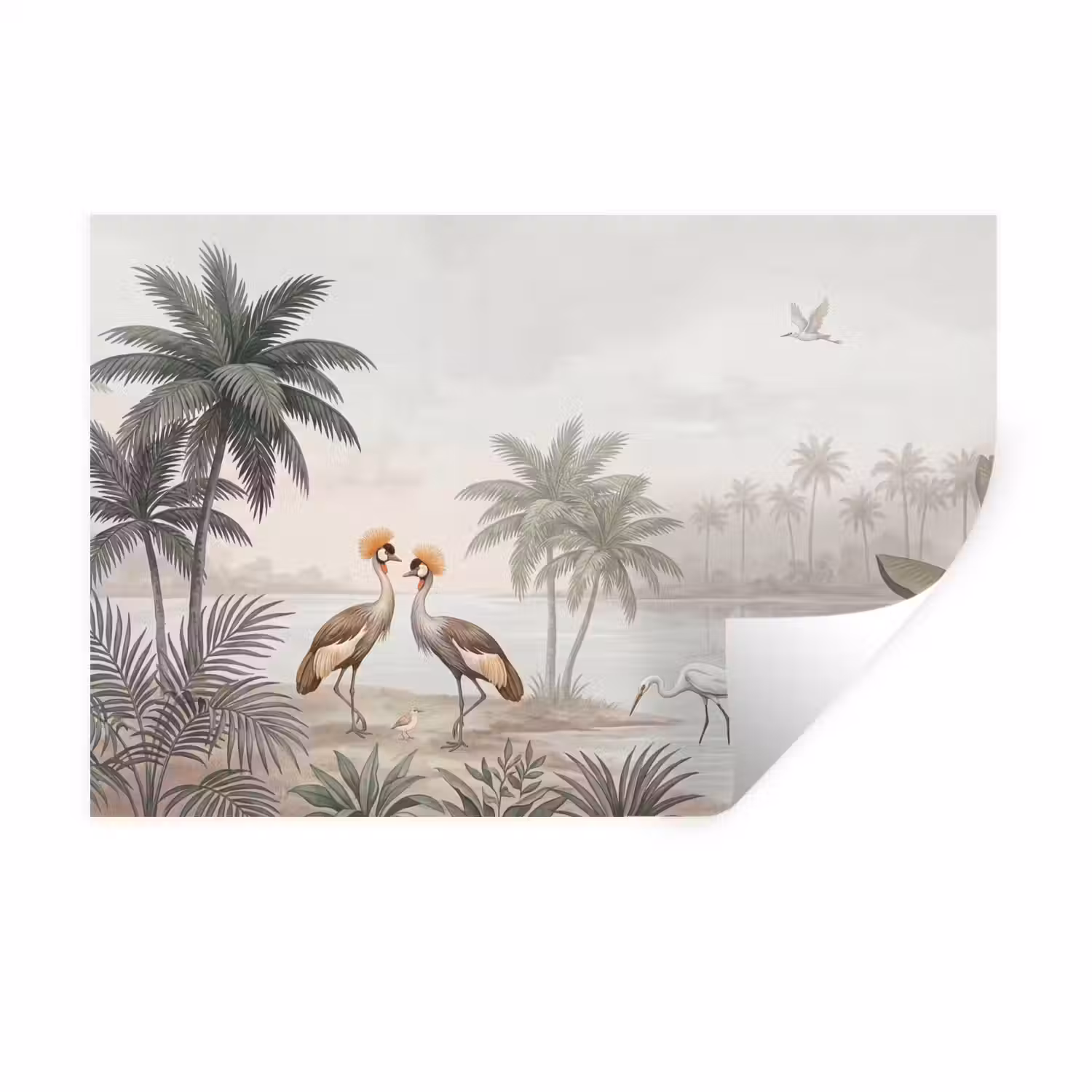 Kraanvogels - Palmbomen - Tropisch Muursticker klein -3d