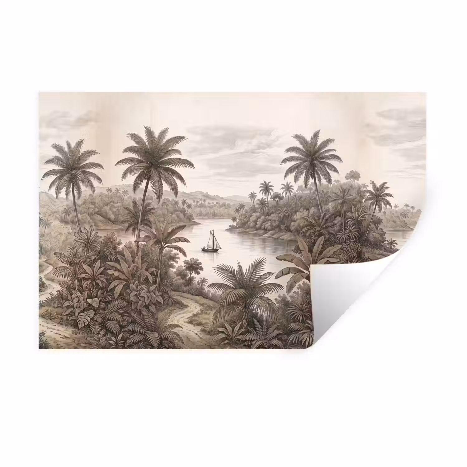 Landschap - Rivier - Boot - Tropisch - Vintage Muursticker klein -3d