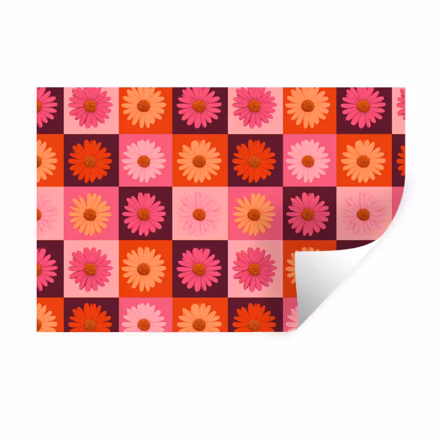 Madeliefjes - Dambord - Retro - Roze - Oranje Muursticker klein 286 -3d