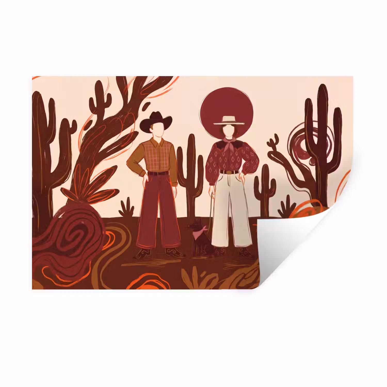 Mensen - Cowboykleding - Westerse stijl - Illustratie - Bruin Muursticker klein -3d