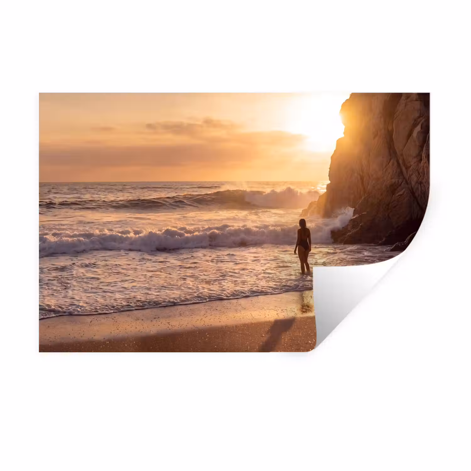 Mensen - Oceaan - Zonsondergang - Kust - Goud Muursticker klein -3d