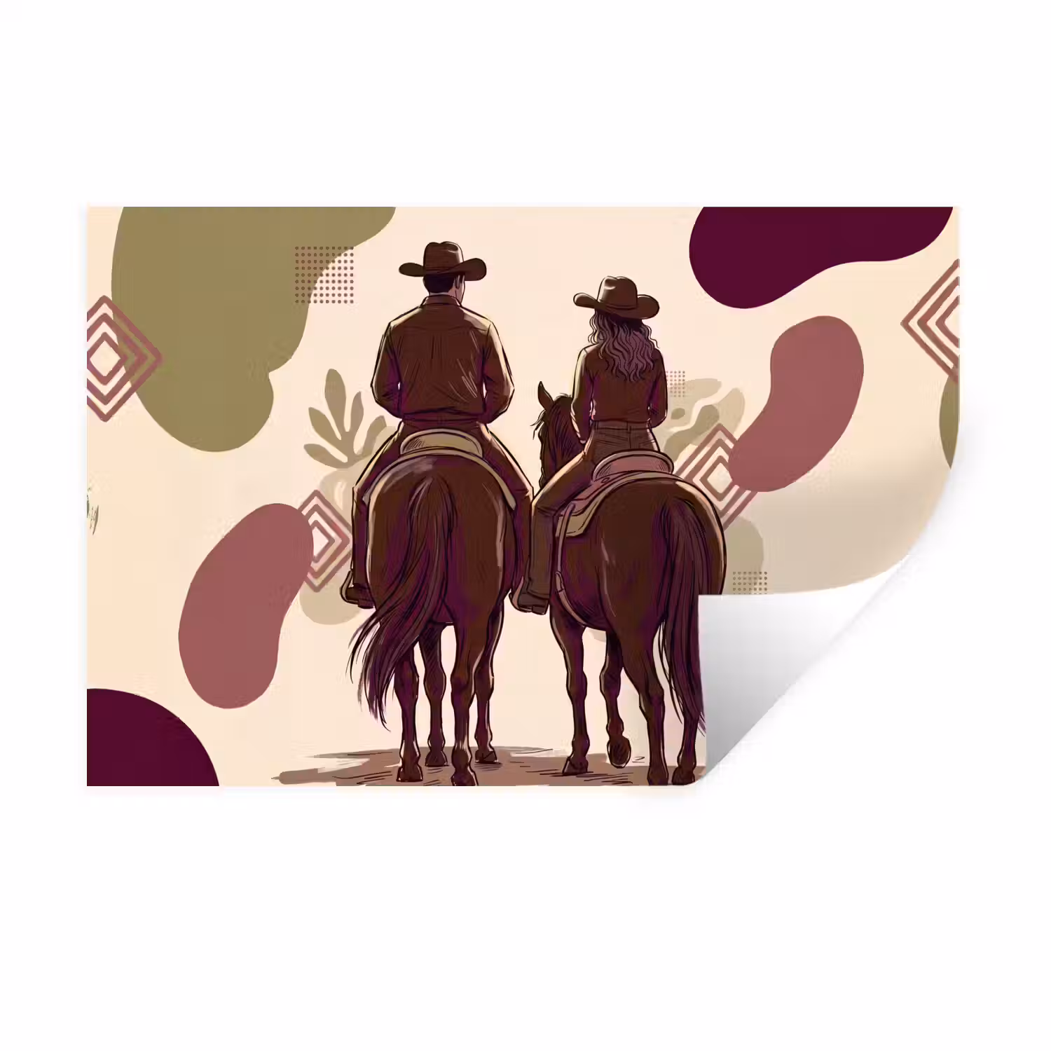 Mensen - Ruiters - Western - Illustratie - Bruin Muursticker klein -3d
