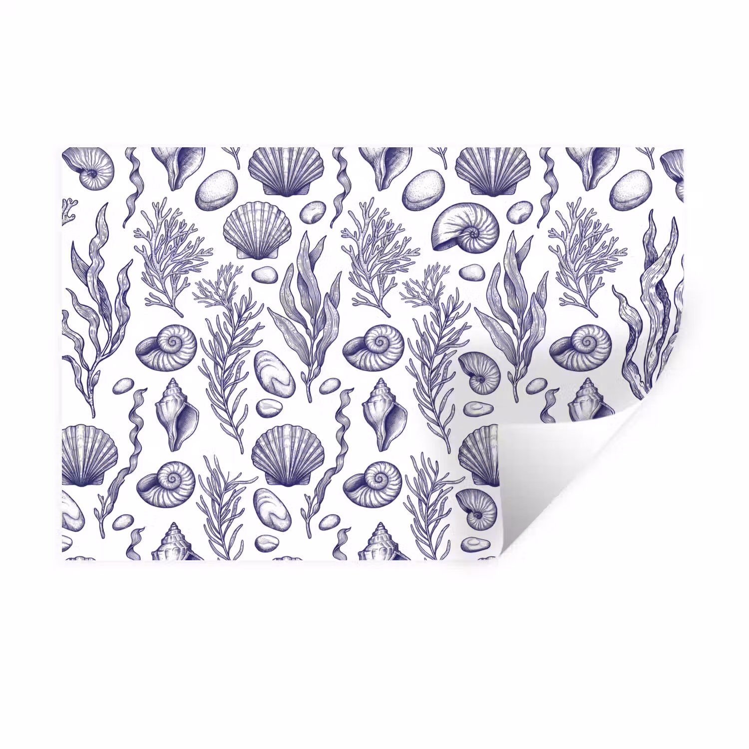 Schelpen - Zeewier - Oceaan - Illustratie - Blauw Muursticker klein -3d