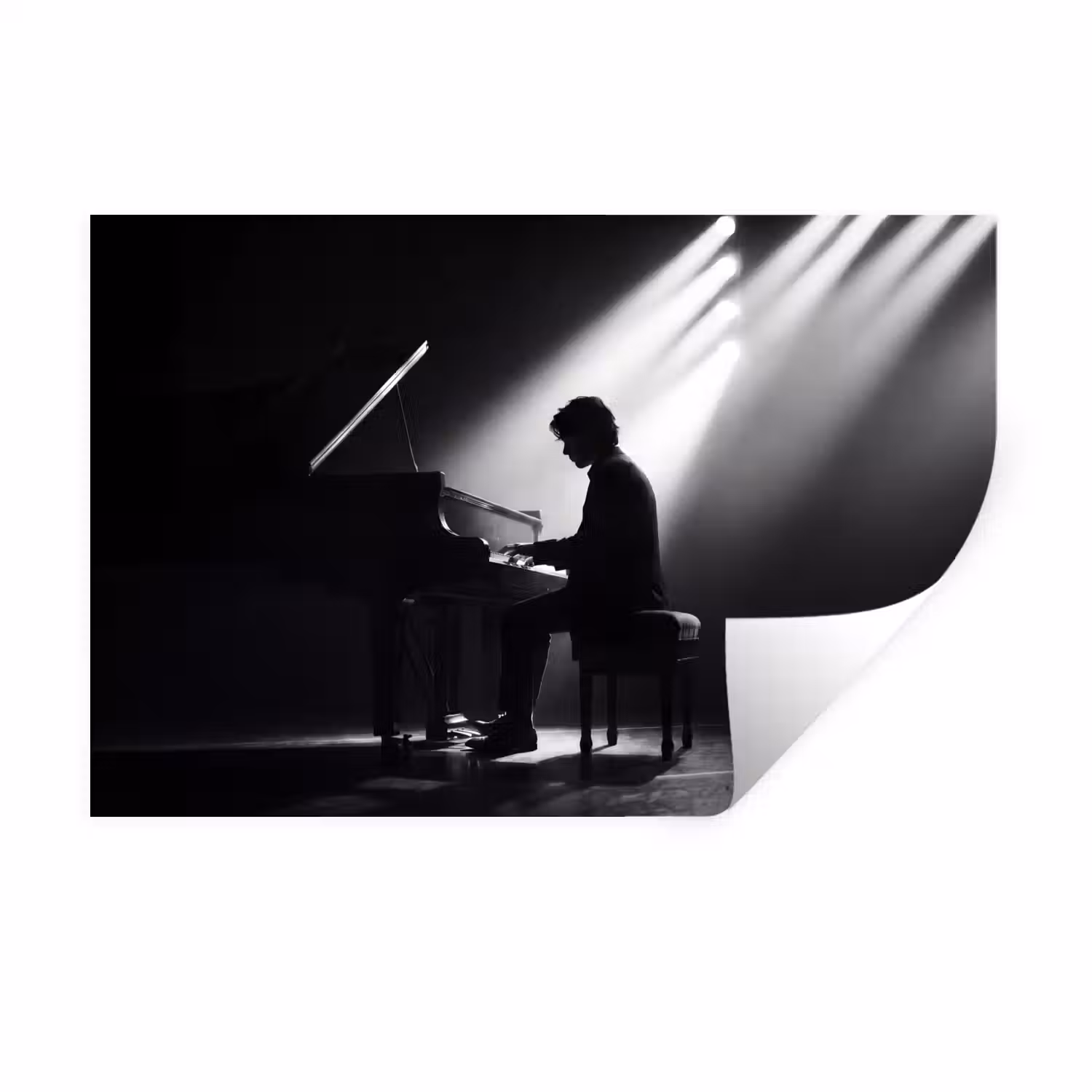 Persoon - Piano - Muziek - Zwart-wit - Podium Muursticker klein -3d