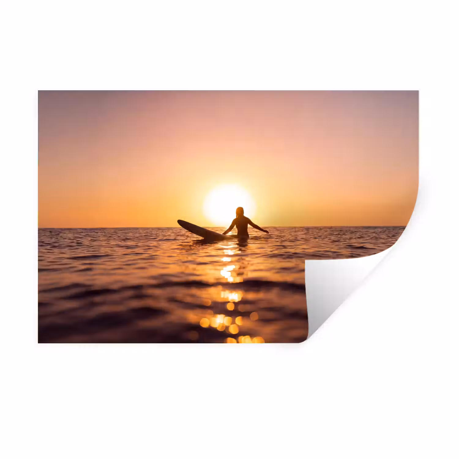 Persoon - Surfen - Zonsondergang - Zee - Oranje Muursticker klein -3d