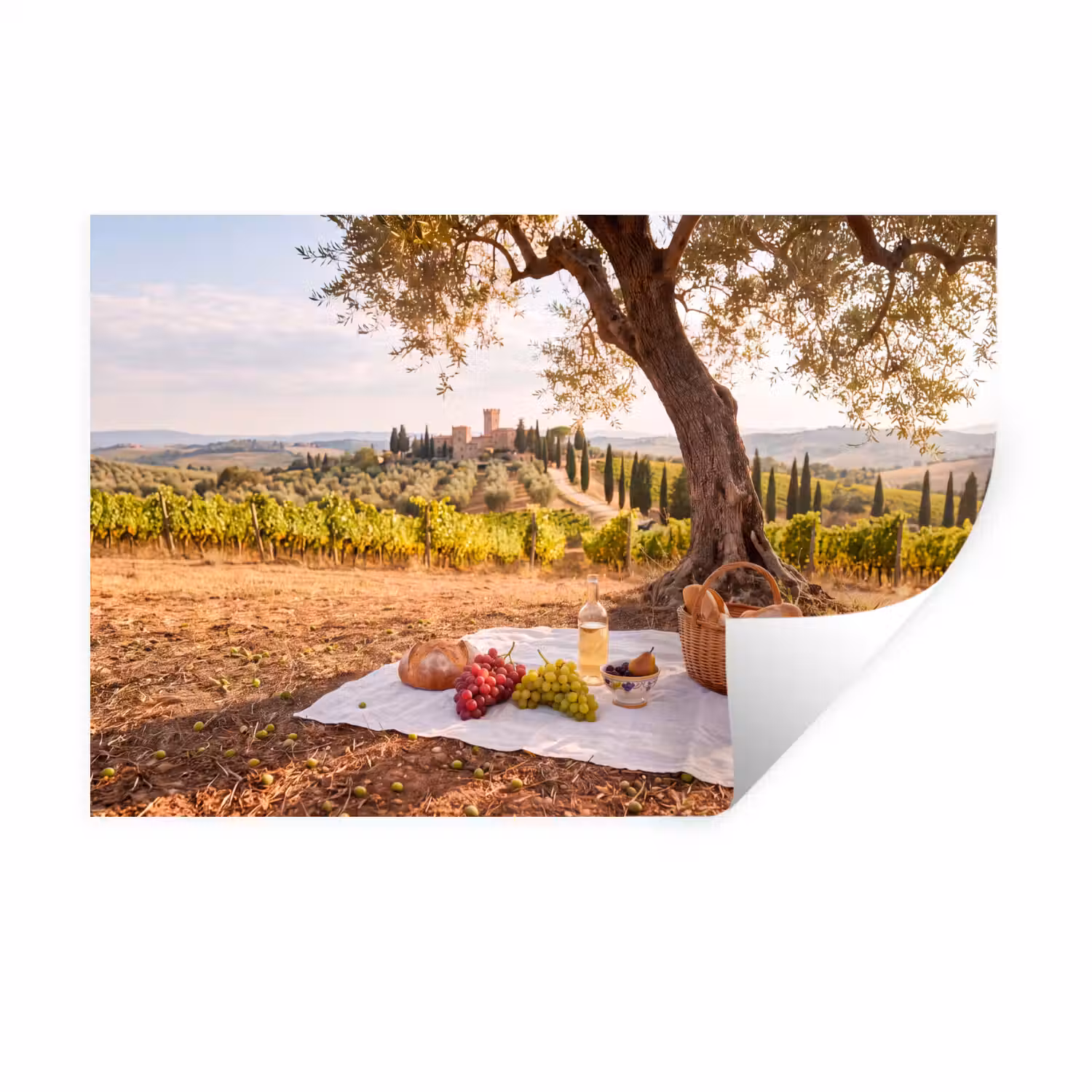 Picknick - Wijngaard - Landschap - Zomer - Eten Muursticker klein -3d