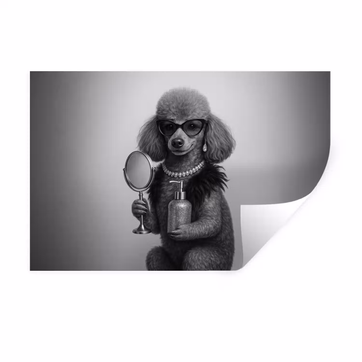 Poedel - Spiegel - Zwart - Wit Muursticker klein -3d