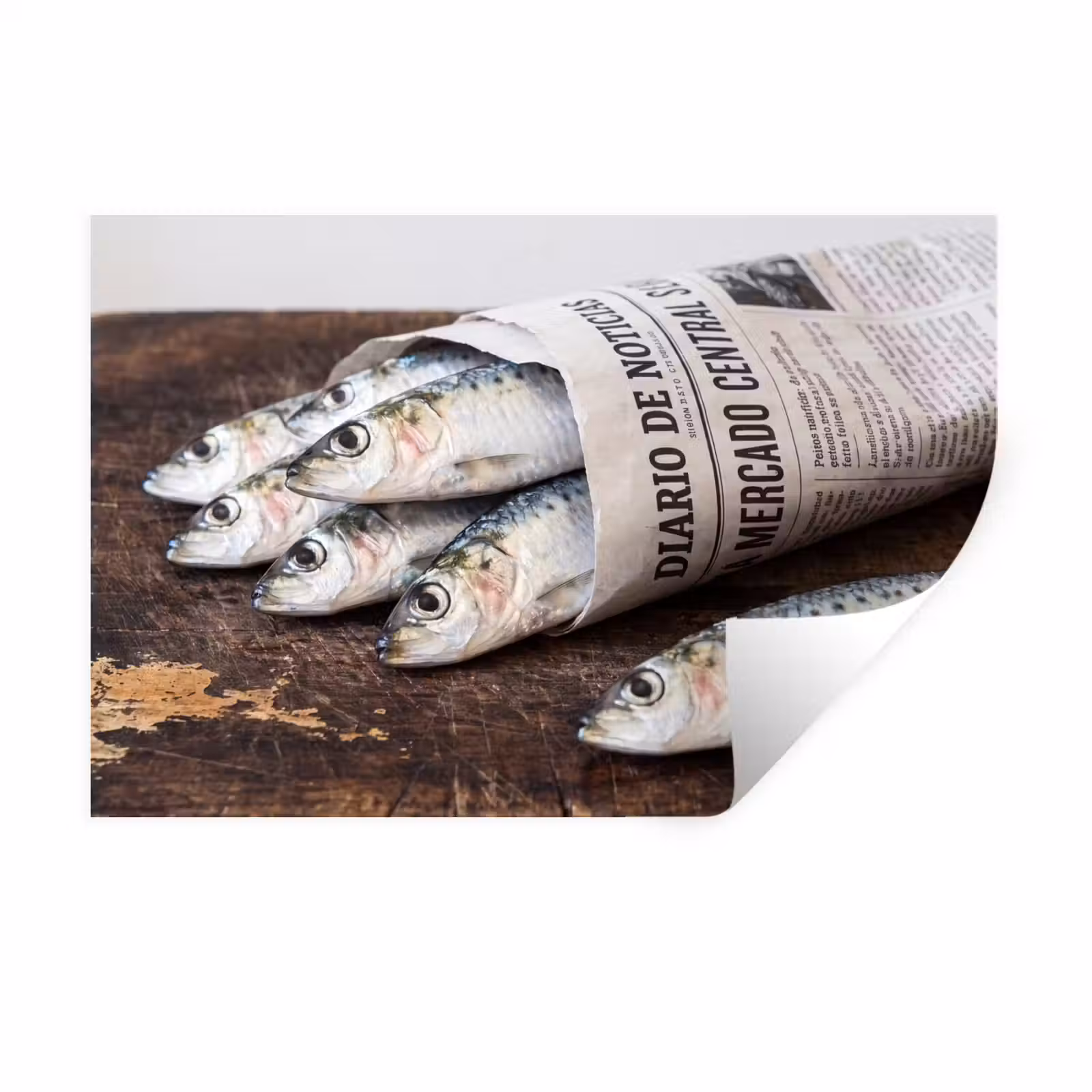Wandtattoo – Sardine – Zeitung – Schneidebrett - Sardientje - krant - snijplank Muursticker klein