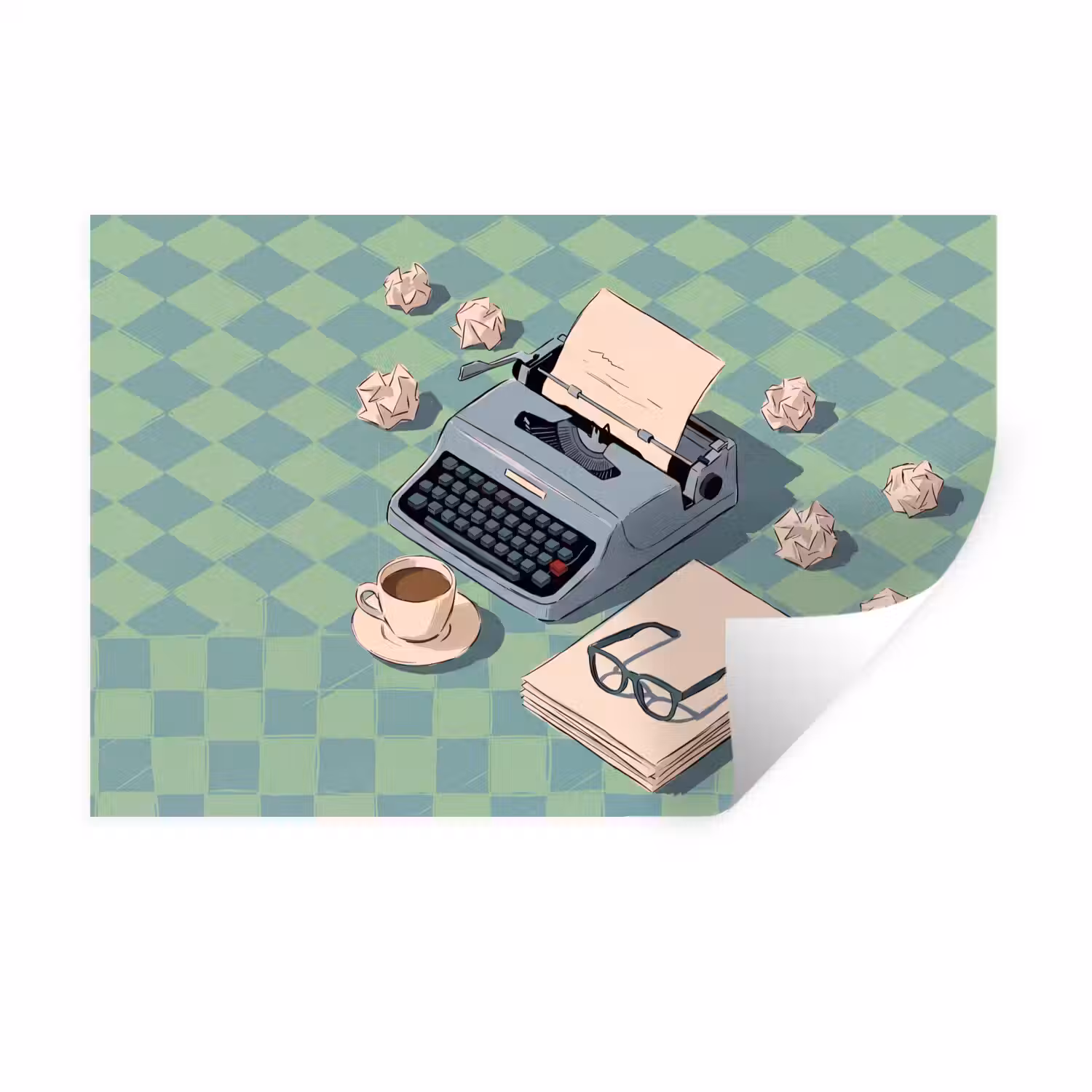 Typemachine - Kantoor - Vintage - Illustratie - Groen Muursticker klein -3d