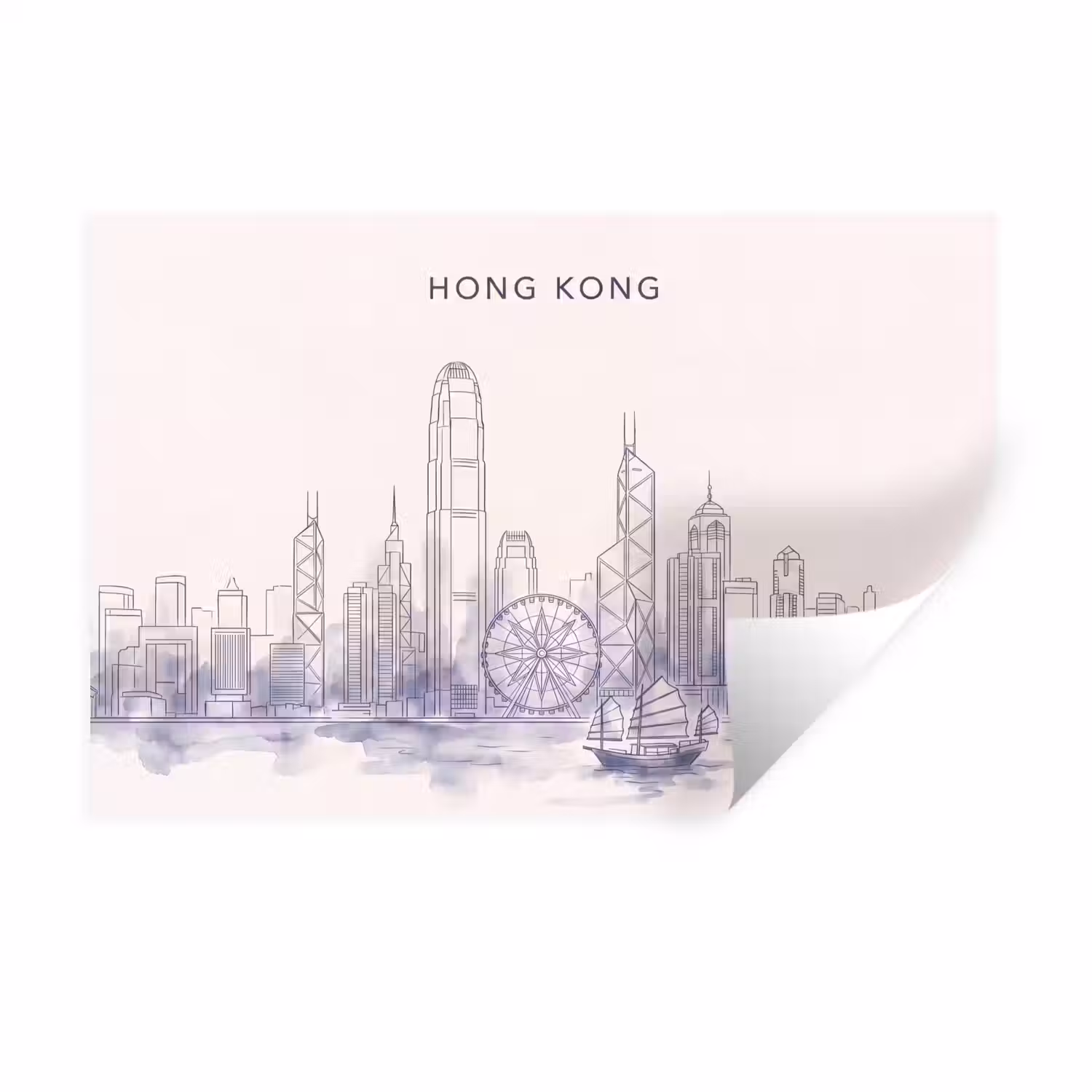Stad - Skyline - Water - Lijntekening - Blauw Muursticker klein -3d