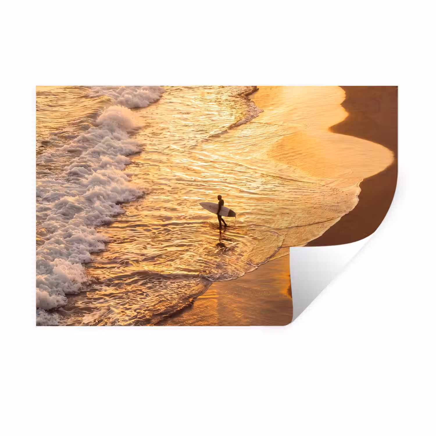 Surfer - Strand - Zonsondergang - Oceaan - Goud Muursticker klein -3d