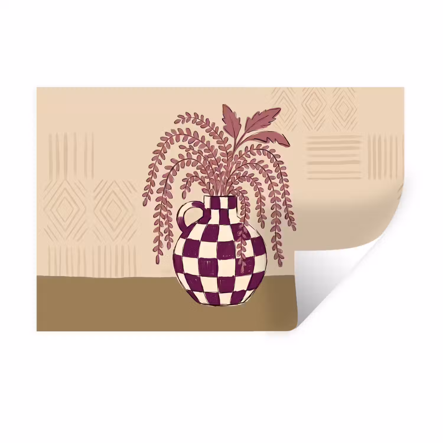 Vaas - Geruit - Planten - Modern - Paars Muursticker klein -3d