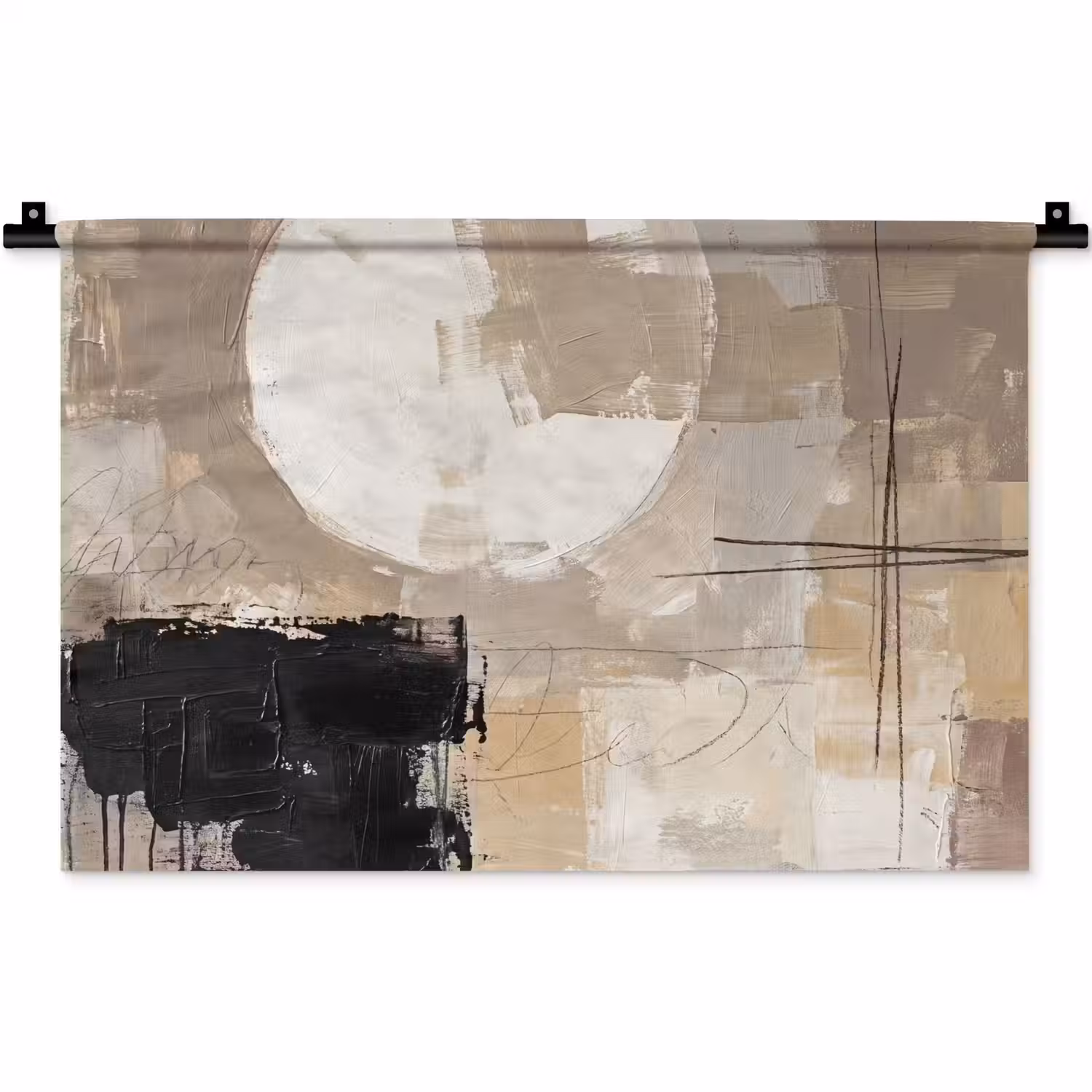 Abstract - Cirkel - Modern - Beige - Zwart - Minimalistisch Wandkleed katoen klein -zz3d
