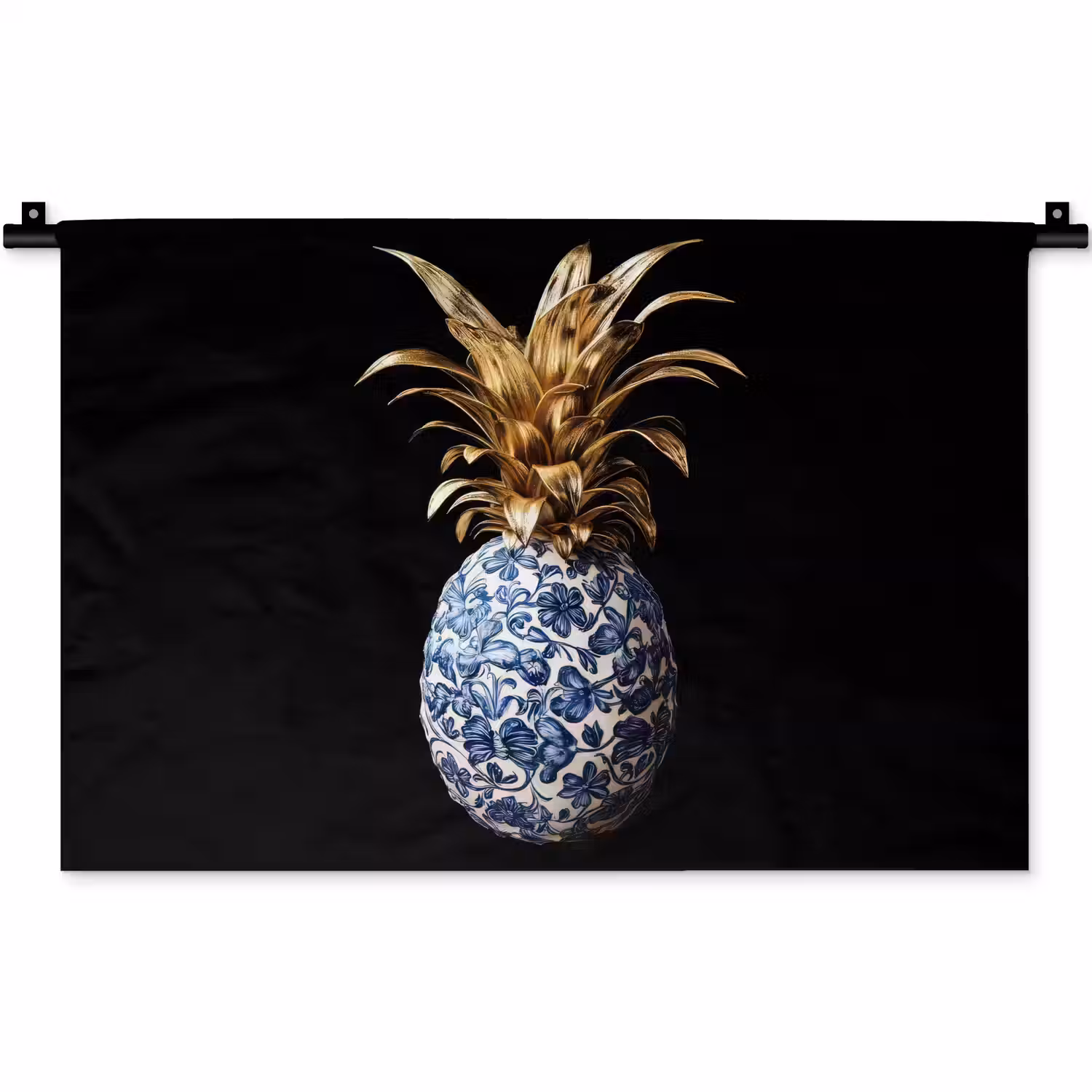 Ananas - Bloemen patroon - Goud - Delftsblauw Wandkleed katoen klein -zz3d