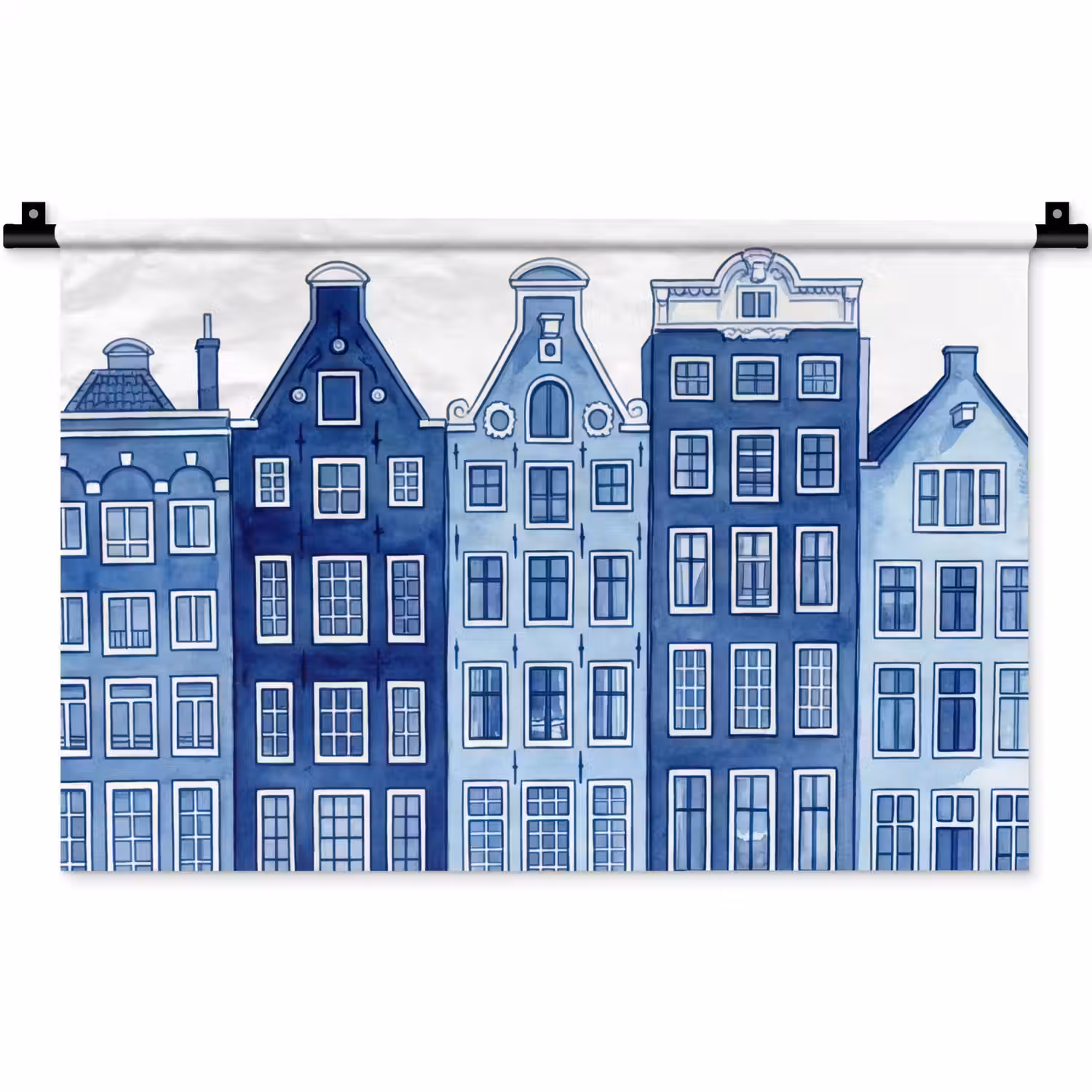 Aquarel - Grachtenpanden - Delfts - Blauw Wandkleed katoen klein -zz3d