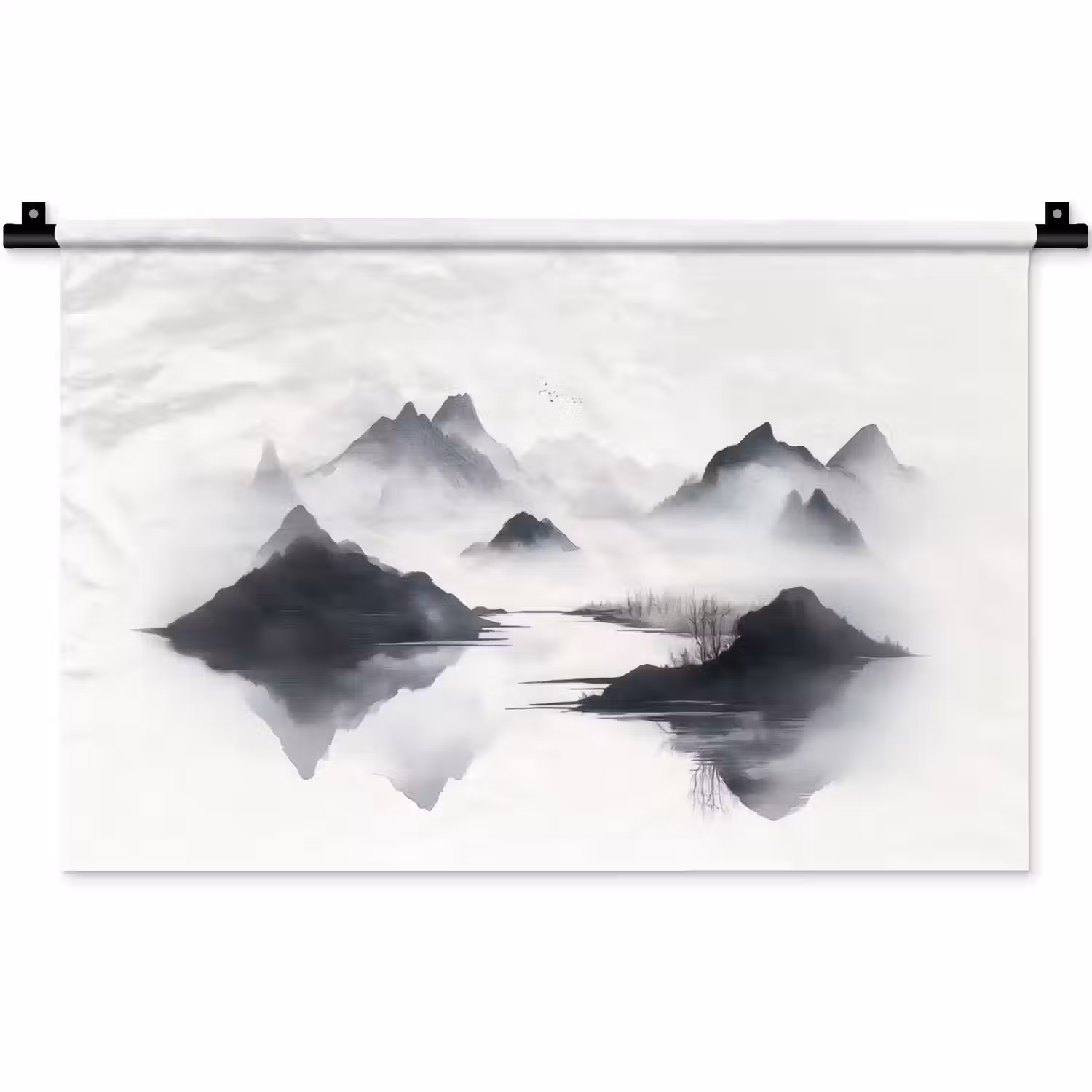 Bergen - Mistig - Water - Wit Wandkleed katoen klein -zz3d
