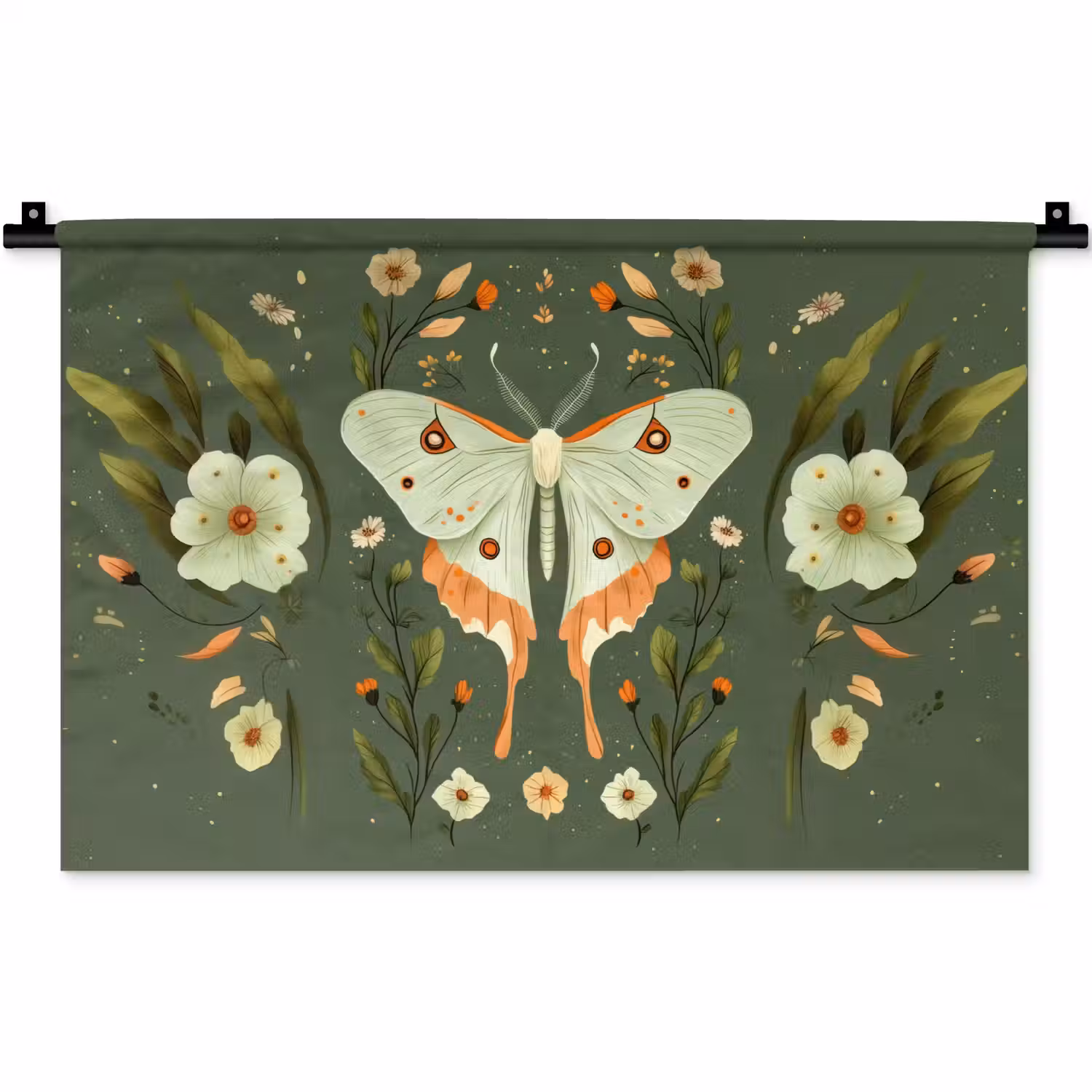Bloemen - Bladeren - Olijfgroen - Vlinder Wandkleed katoen klein -zz3d