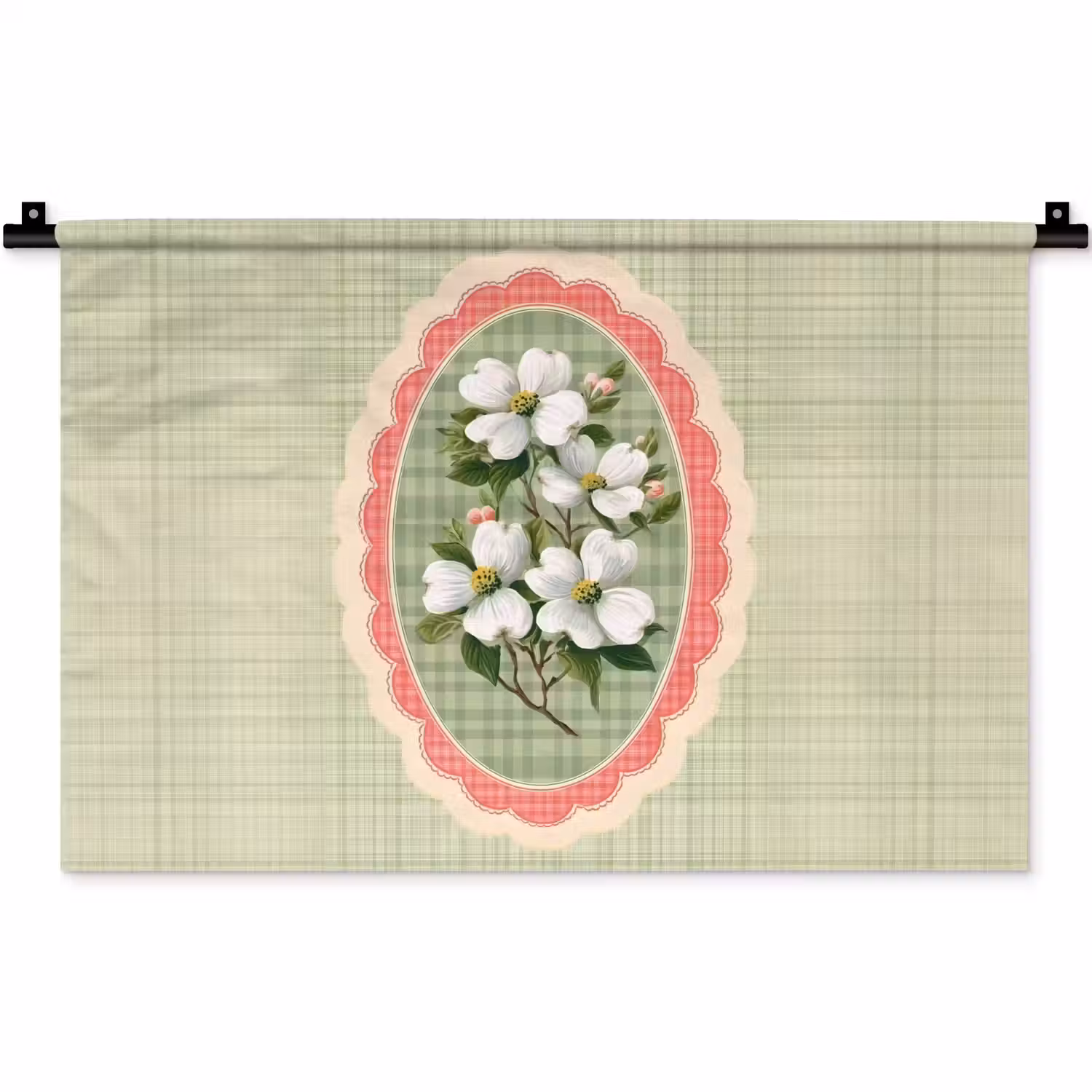 Bloemen - Illustratie - Geruit - Groen Wandkleed katoen klein -zz3d