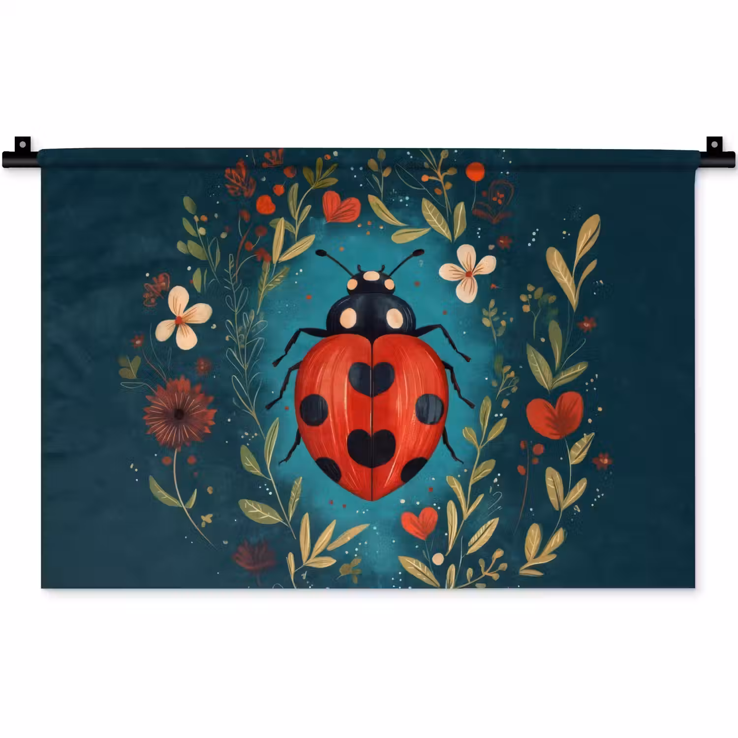 Bloemen - Lieveheersbeestje - Hartje - Rood Wandkleed katoen klein -zz3d