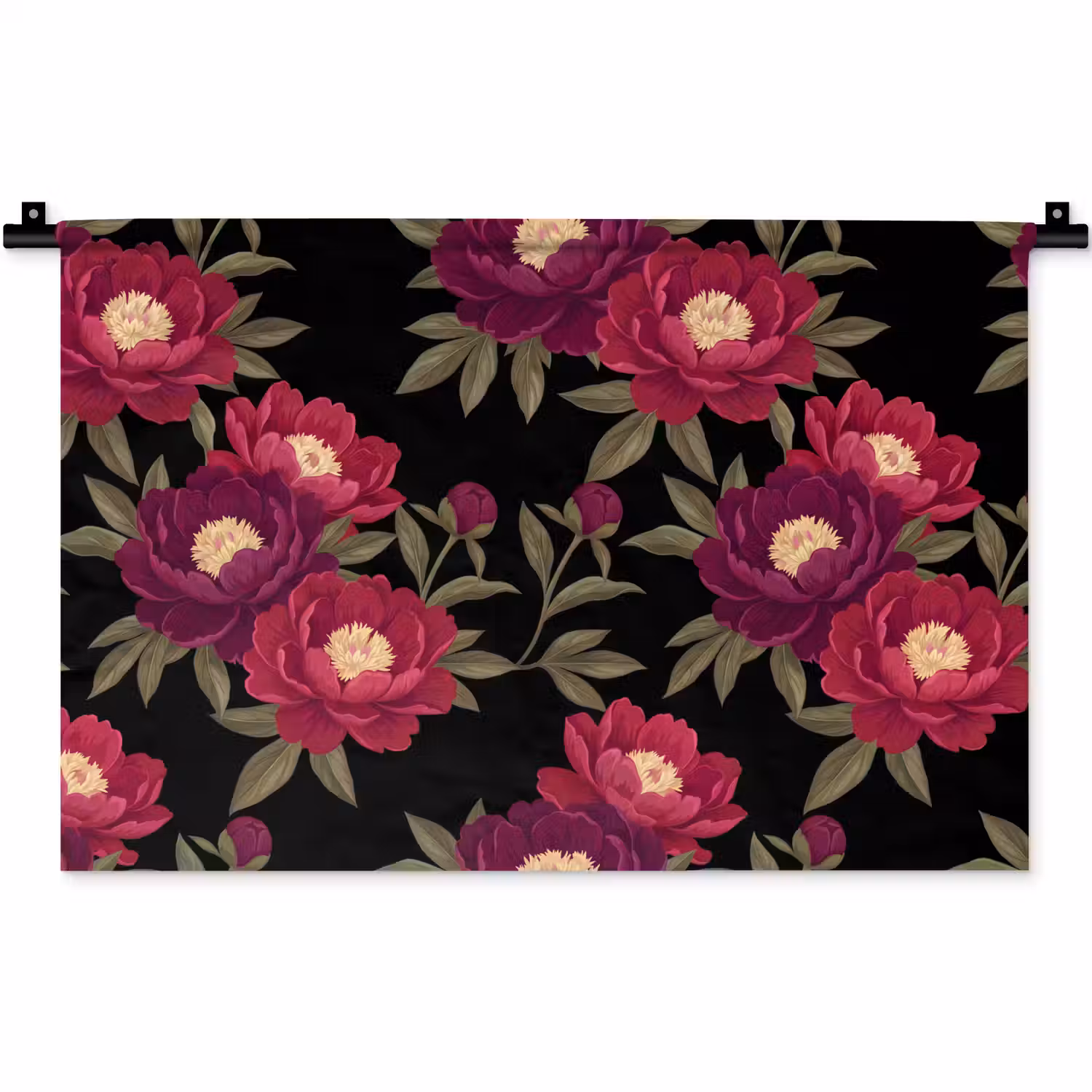 Bloemen - Patroon - Botanisch - Rood - Zwart Wandkleed katoen klein -zz3d
