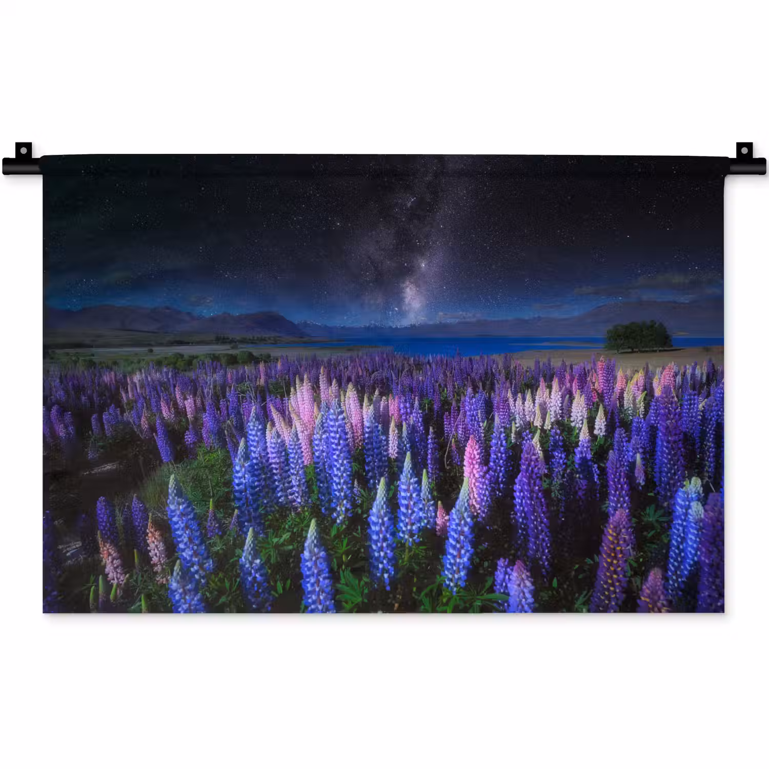 Bloemen - Nacht - Lupine - Sterrenhemel - Paars - Natuur Wandkleed katoen klein -zz3d