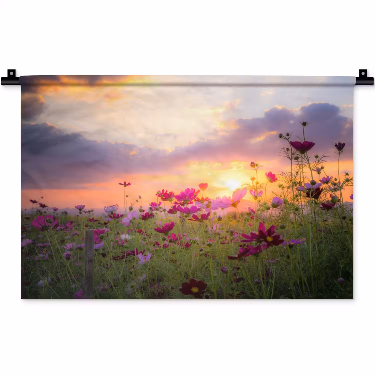 Bloemen - Roze - Zonsondergang - Natuur - Weide - Horizon Wandkleed katoen klein -zz3d