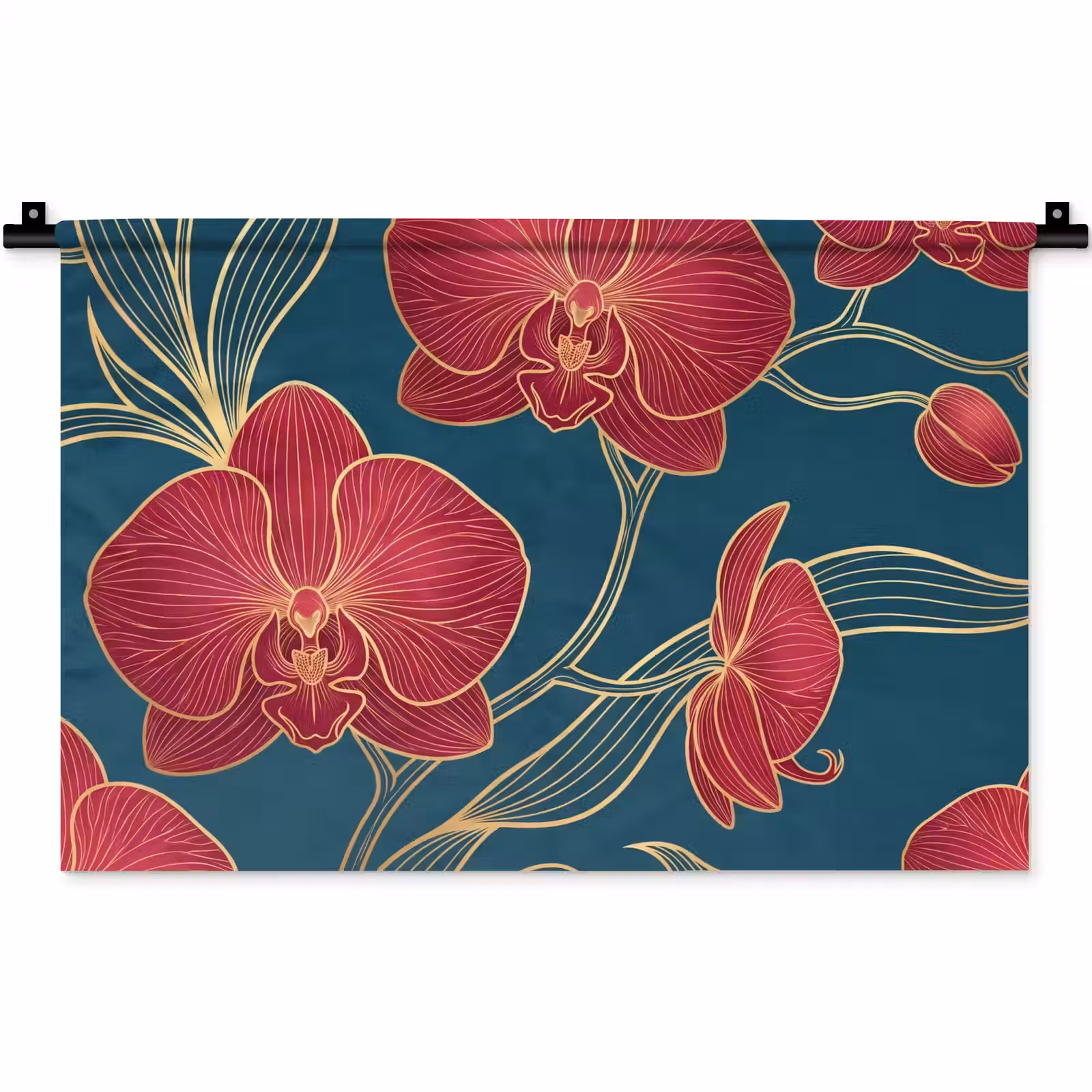 Wandteppich - Blumen – Rot – Gold - Bloemen - Rood - Goud Wandkleed katoen klein