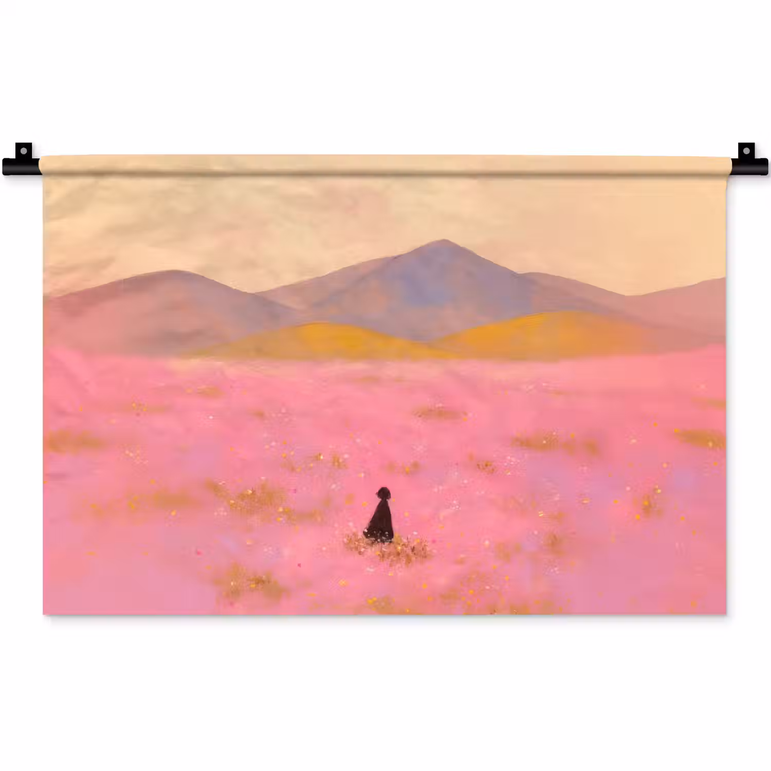 Bloemenweide - Heuvels - Silhouet - Roze Wandkleed katoen klein -zz3d
