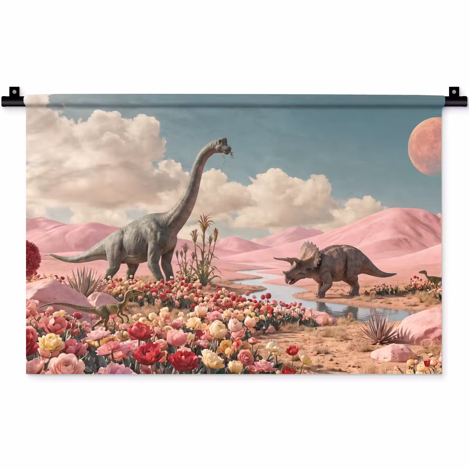 Wandteppich - Dinosaurier – Rosa – Landschaft - Dinosaurus - Roze - Landschap Wandkleed katoen klein