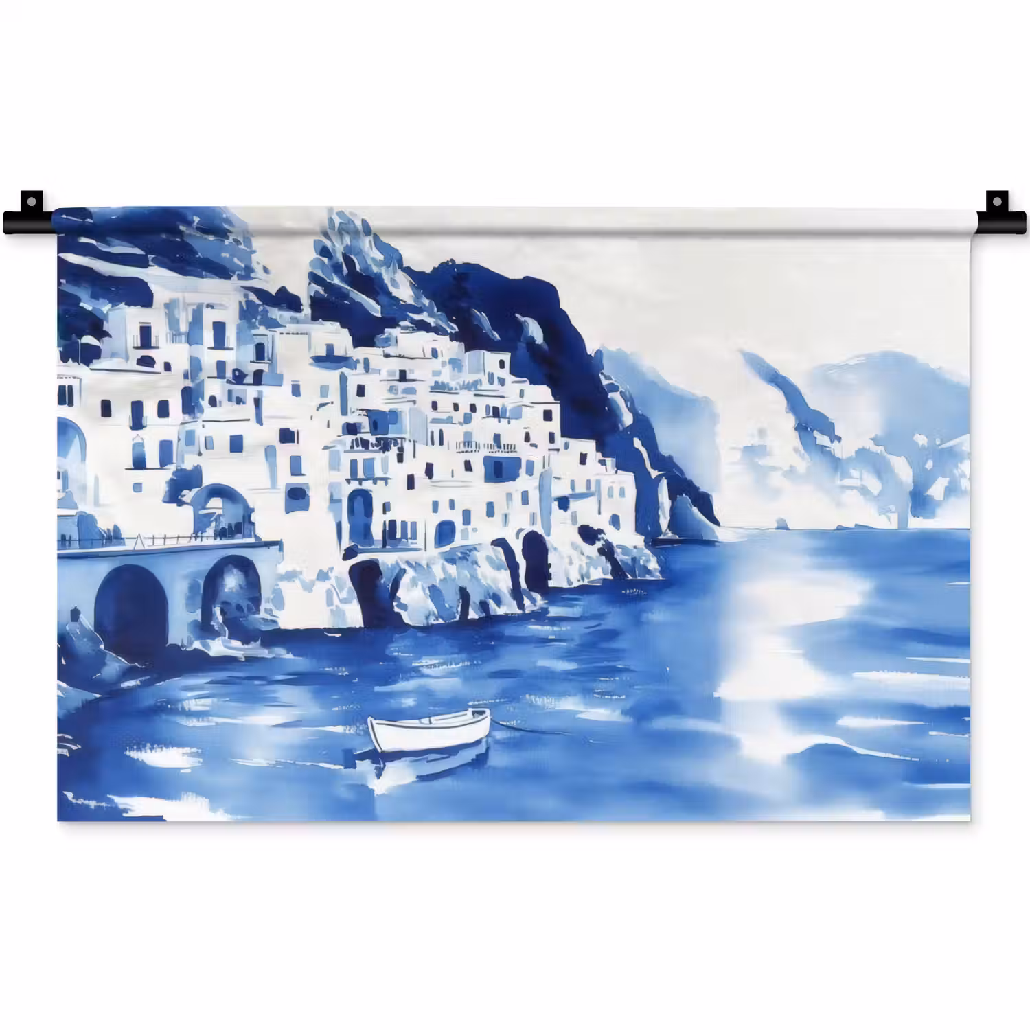 Dorp - Rotswand - Roeiboot - Water Wandkleed katoen klein -zz3d