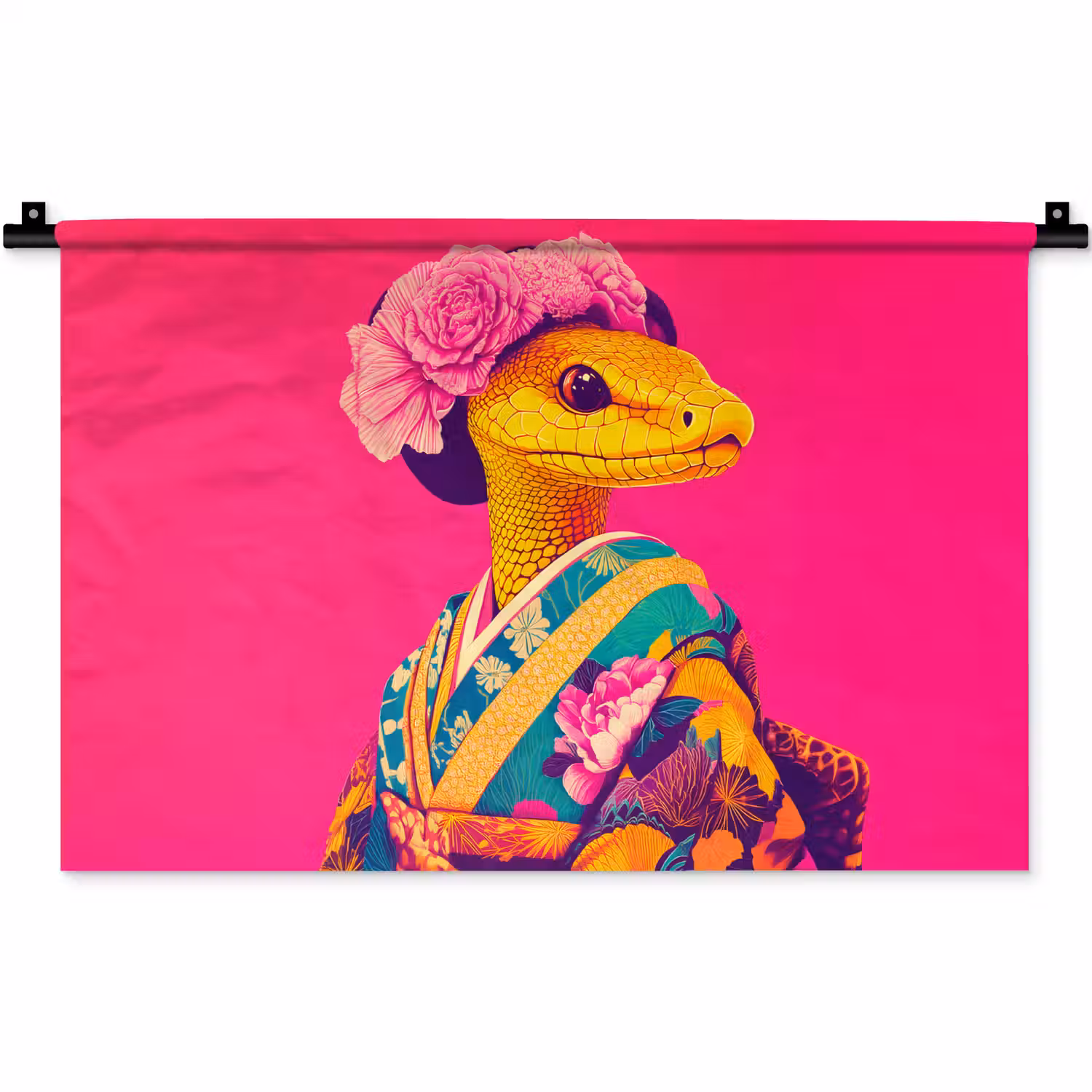 Hagedis - Bloemen - Roze - Kimono Wandkleed katoen klein -zz3d
