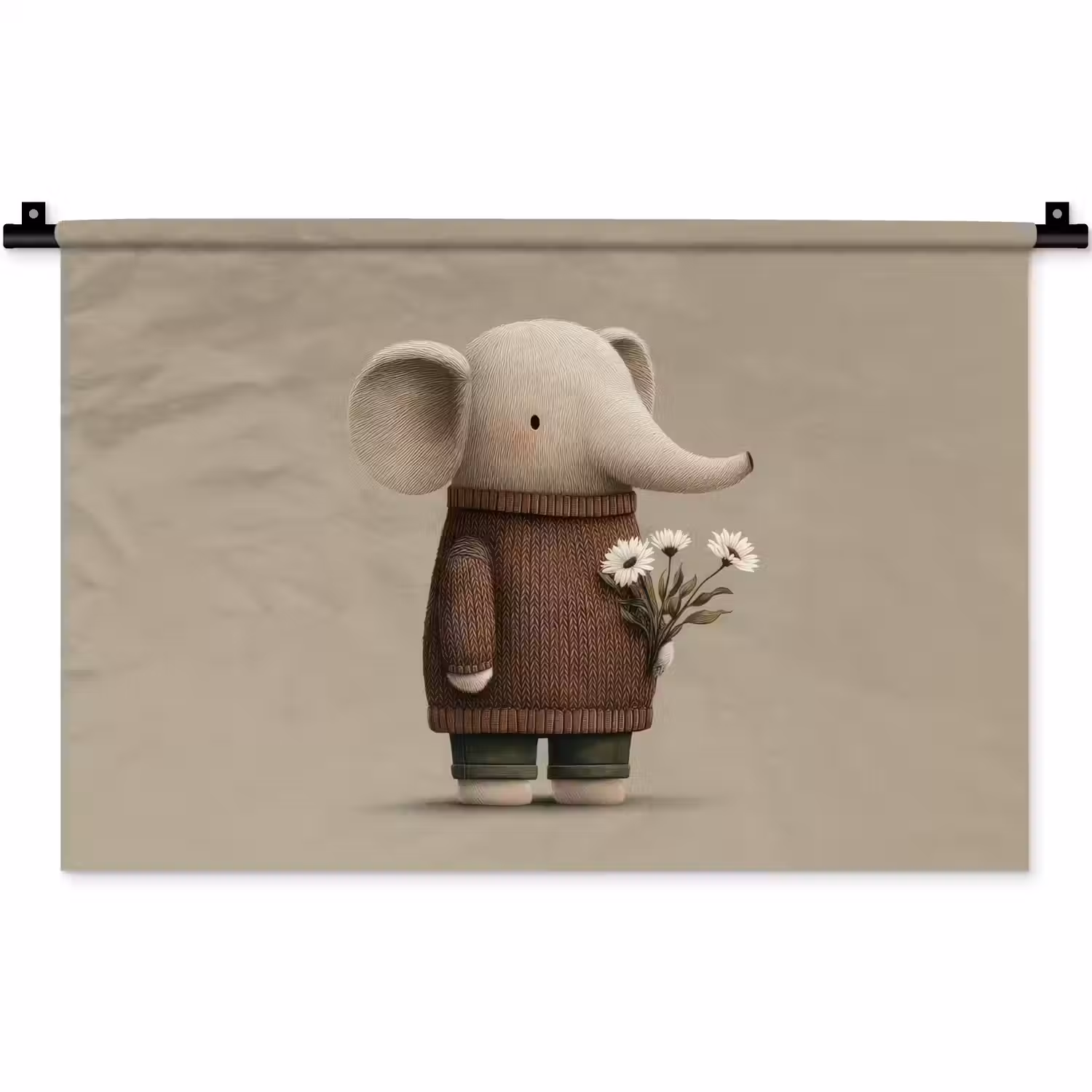 Olifant - Witte bloemen - Kindvriendelijk Wandkleed katoen klein -zz3d