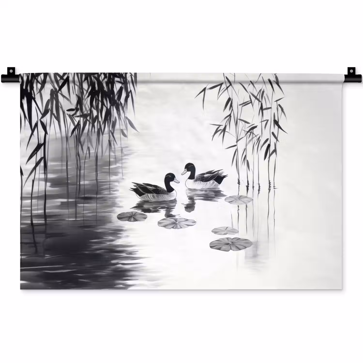 Eenden - Waterlelies - Riet - Zwart Wandkleed katoen klein -zz3d