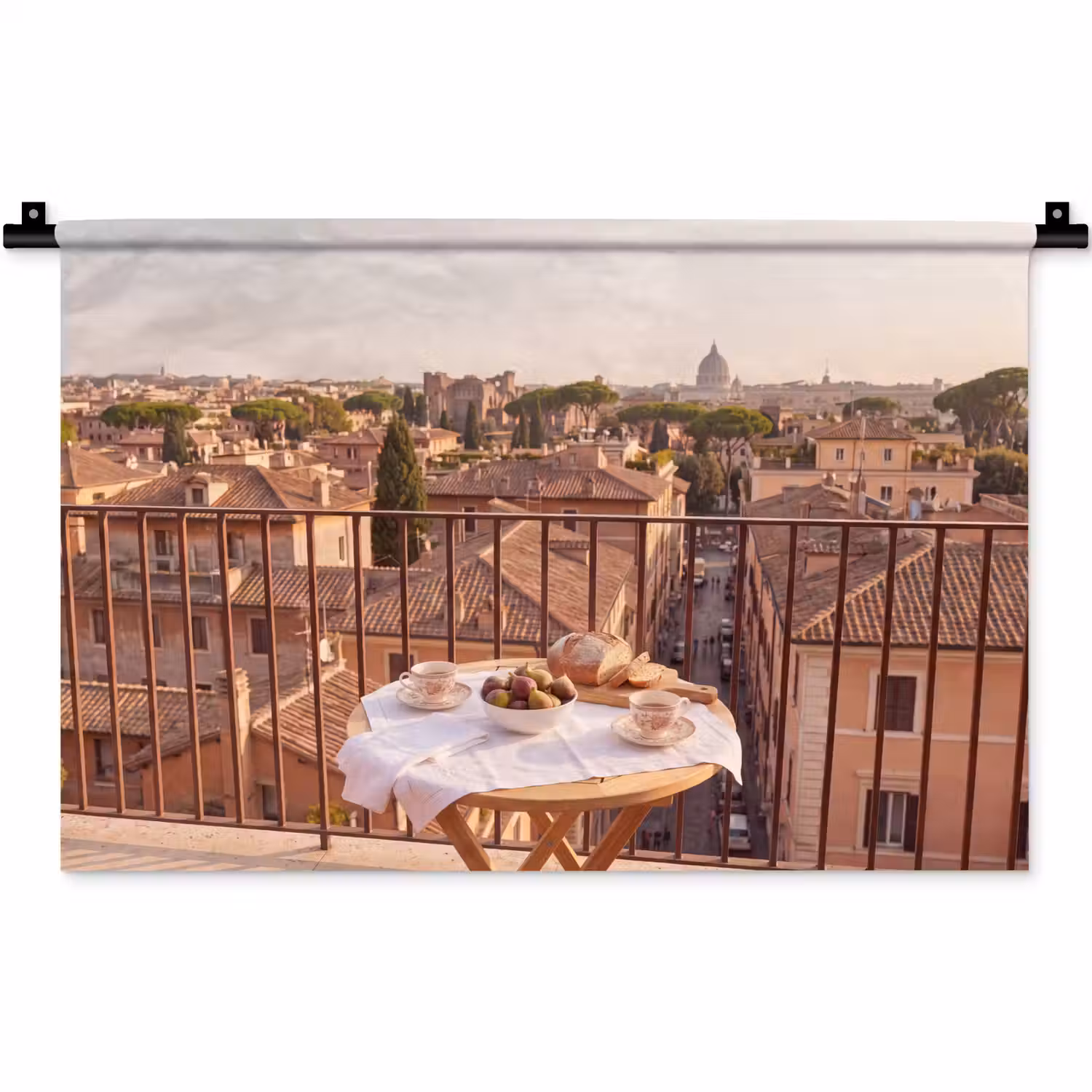 Eten - Ontbijt - Balkon - Stad - Zonsopgang Wandkleed katoen klein -zz3d