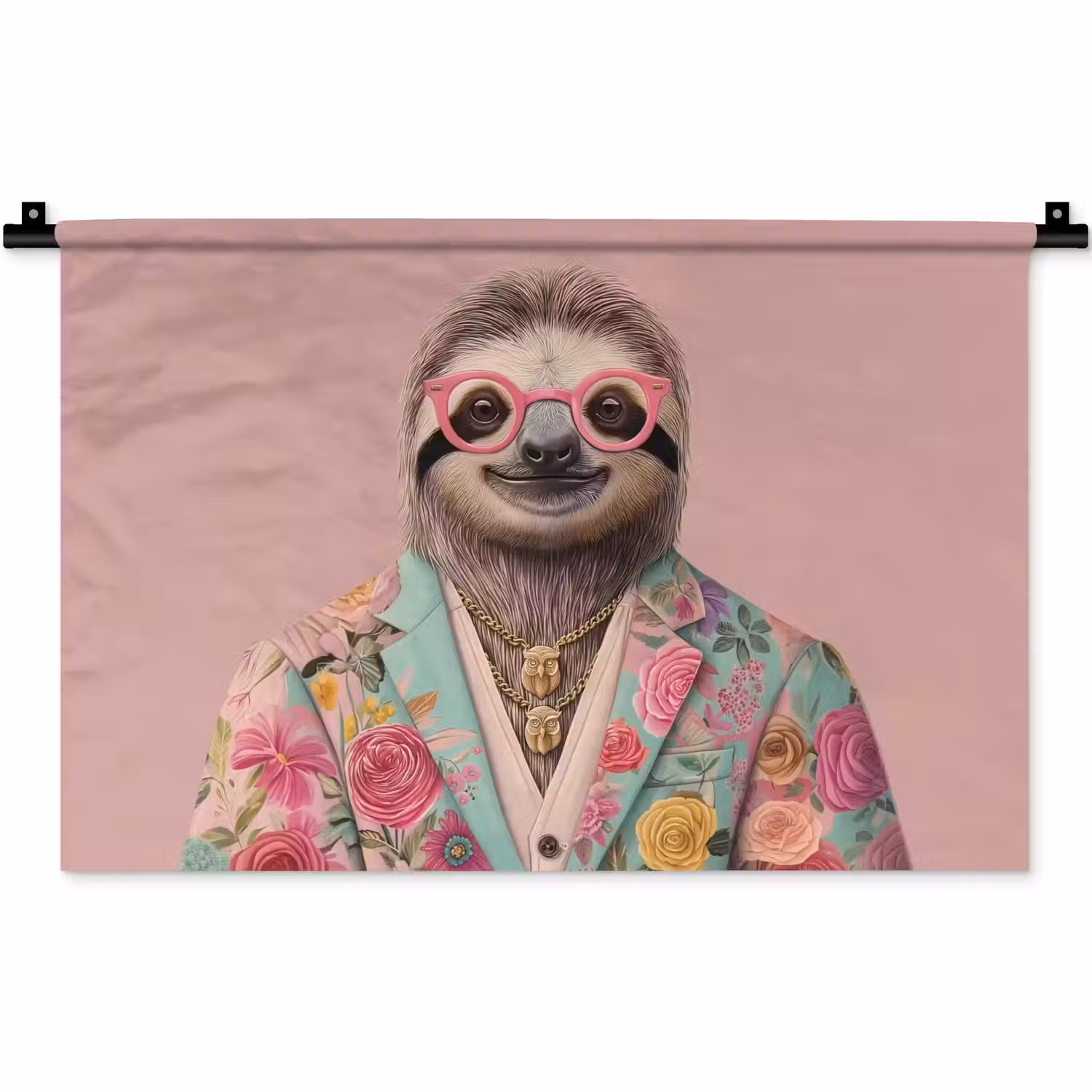 Luiaard - Bloemenprint - Bril - Roze Wandkleed katoen klein -zz3d