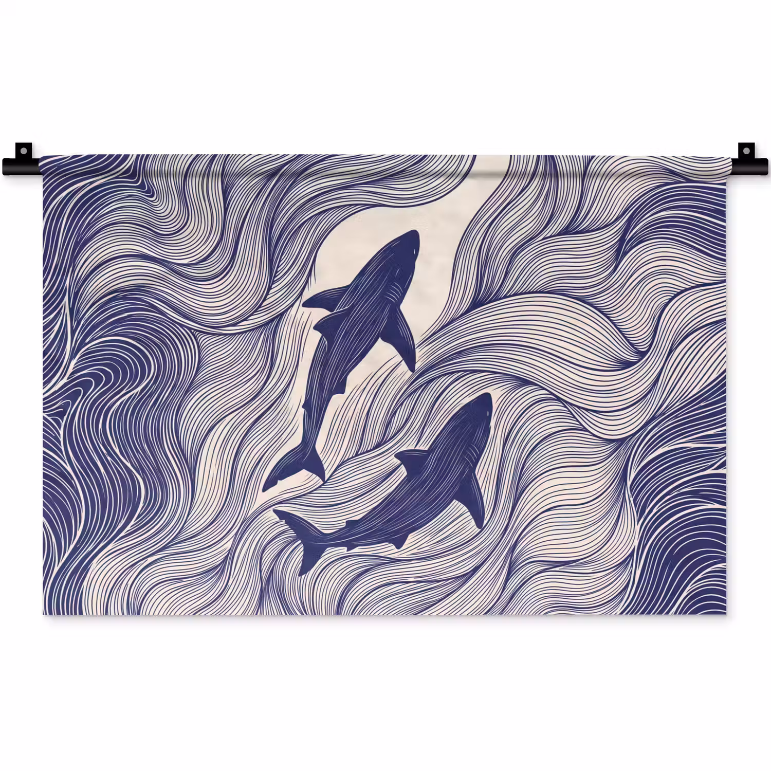 Vis - Oceaan - Lijntekening - Blauw - Dieren Wandkleed katoen klein -zz3d