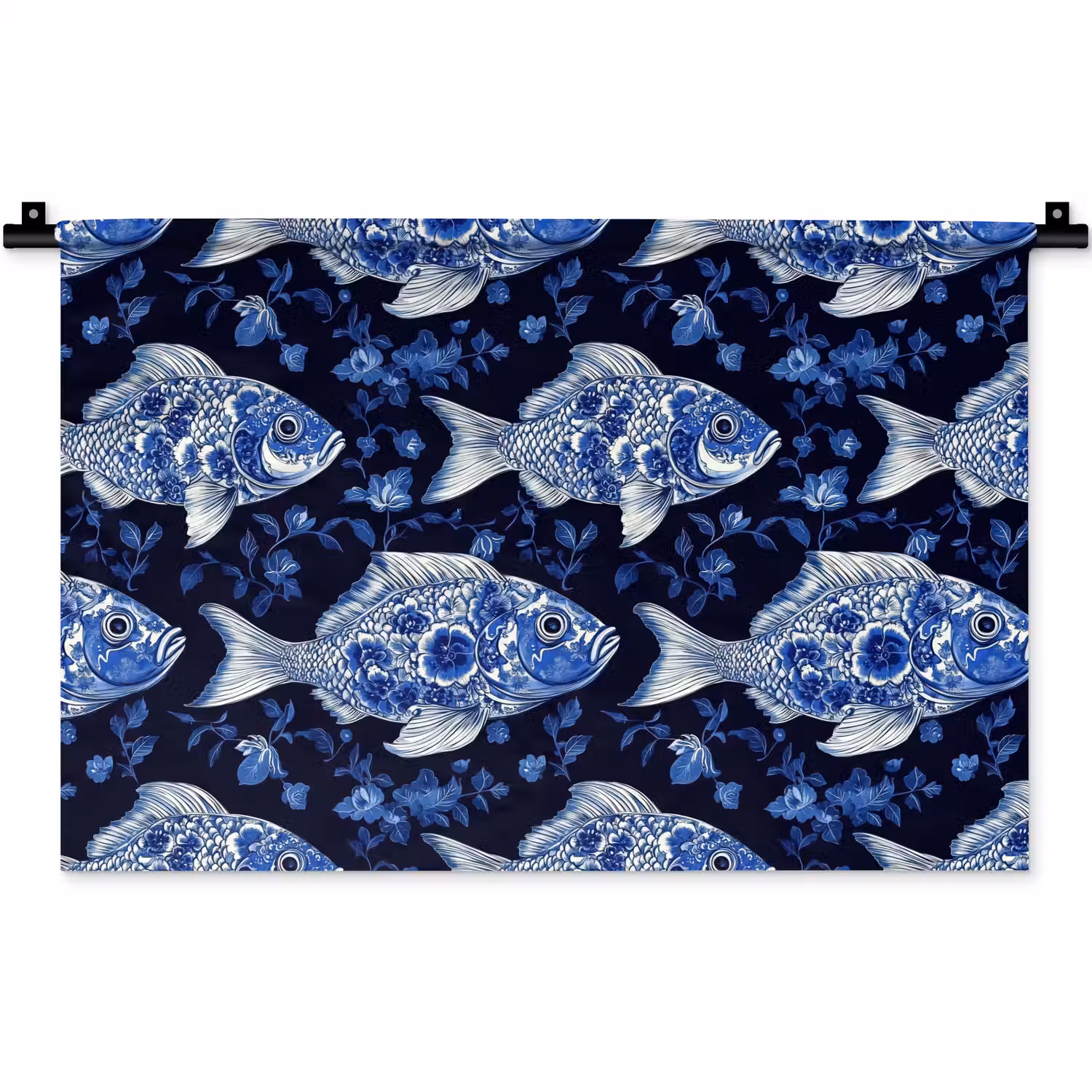 Vissen - Bloemen - Blauw Wandkleed katoen klein 269 -zz3d