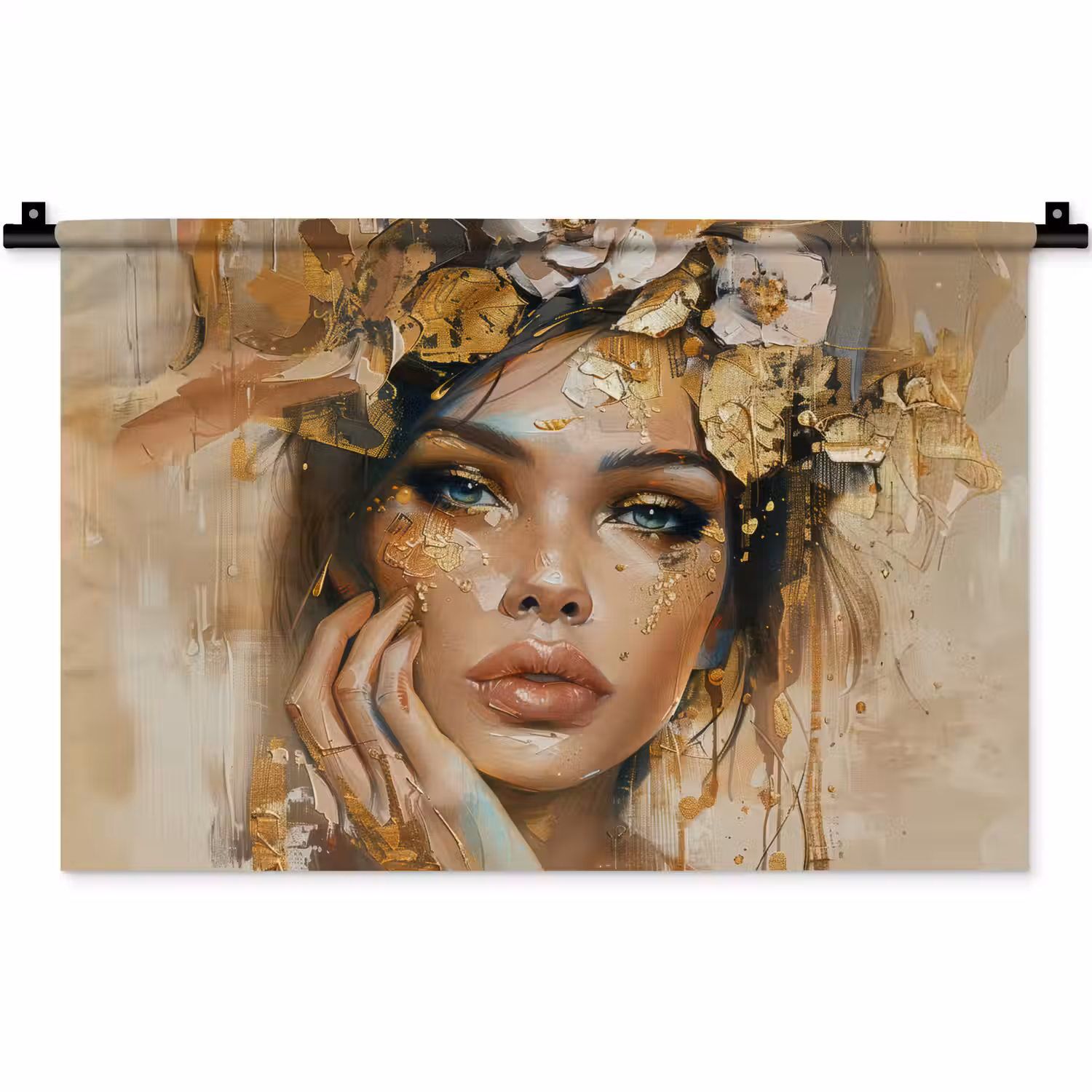 Vrouw - Bloemen - Goud - Portret Wandkleed katoen klein -zz3d