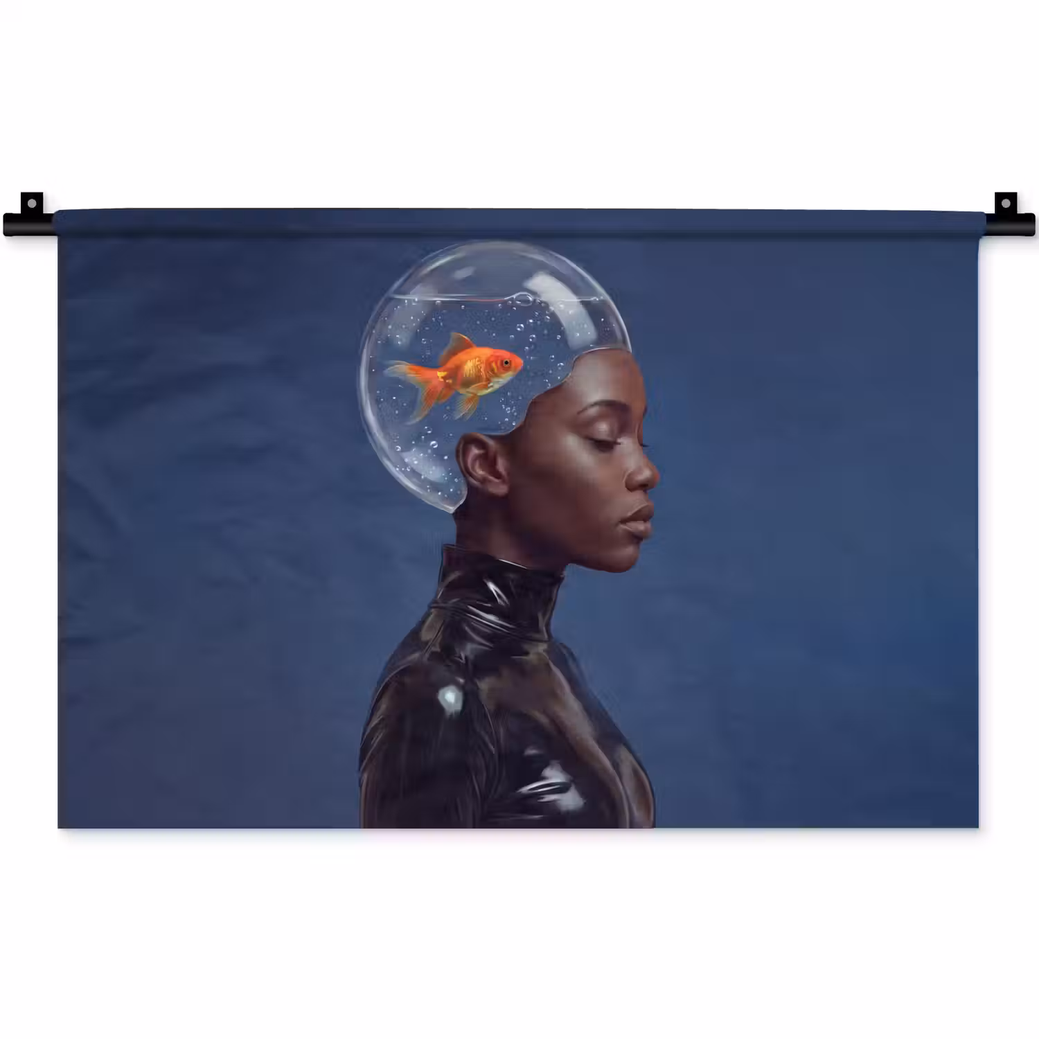 Vrouw - Goudvis - Hoofd - Abstract - Blauw Wandkleed katoen klein -zz3d