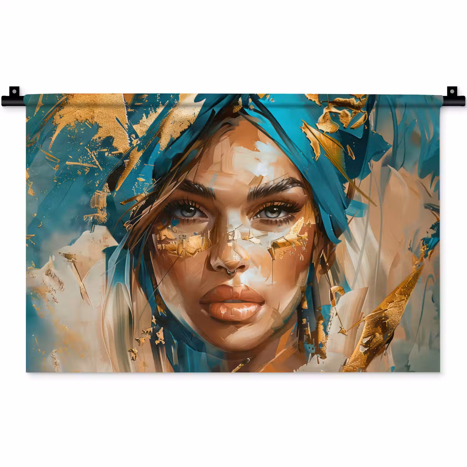 Vrouw - Portret - Goud - Luxe - Blauw Wandkleed katoen klein -zz3d
