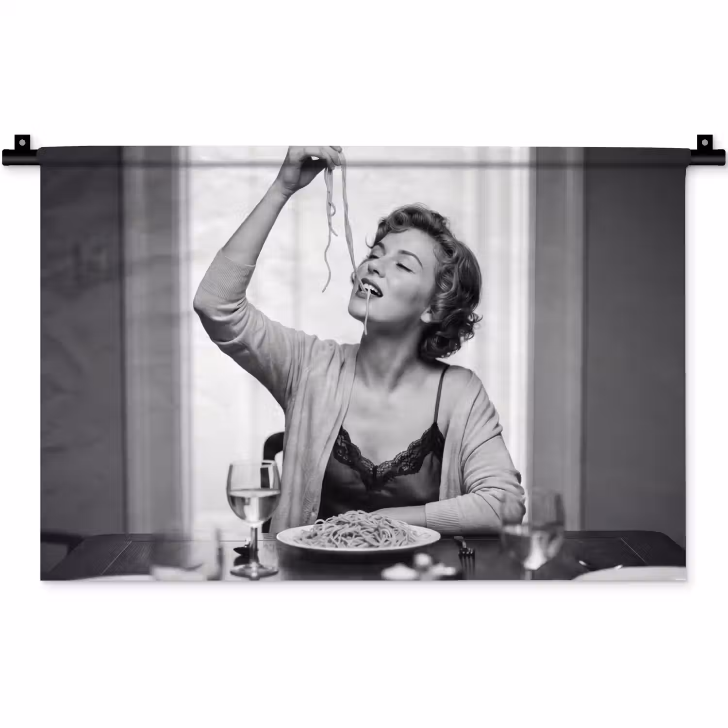 Vrouw - Spaghetti - Zwart - Wit Wandkleed katoen klein -zz3d