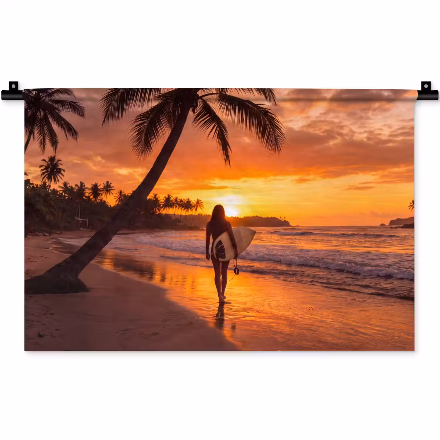 Vrouw - Surfplank - Strand - Zonsondergang - Oranje Wandkleed katoen klein -zz3d