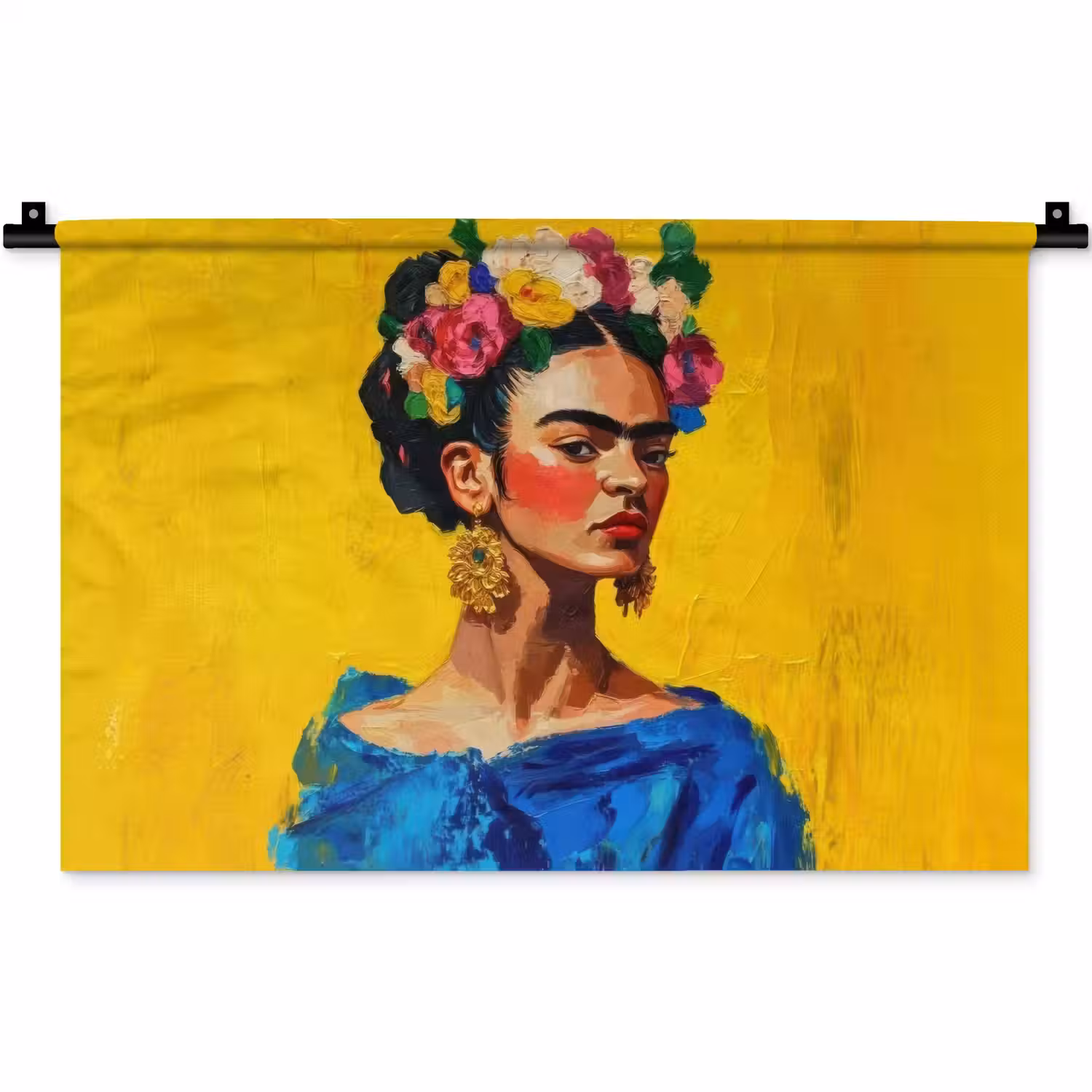 Frida Kahlo - Vrouw - Geel - Blauw - Bloemen Wandkleed katoen klein -zz3d