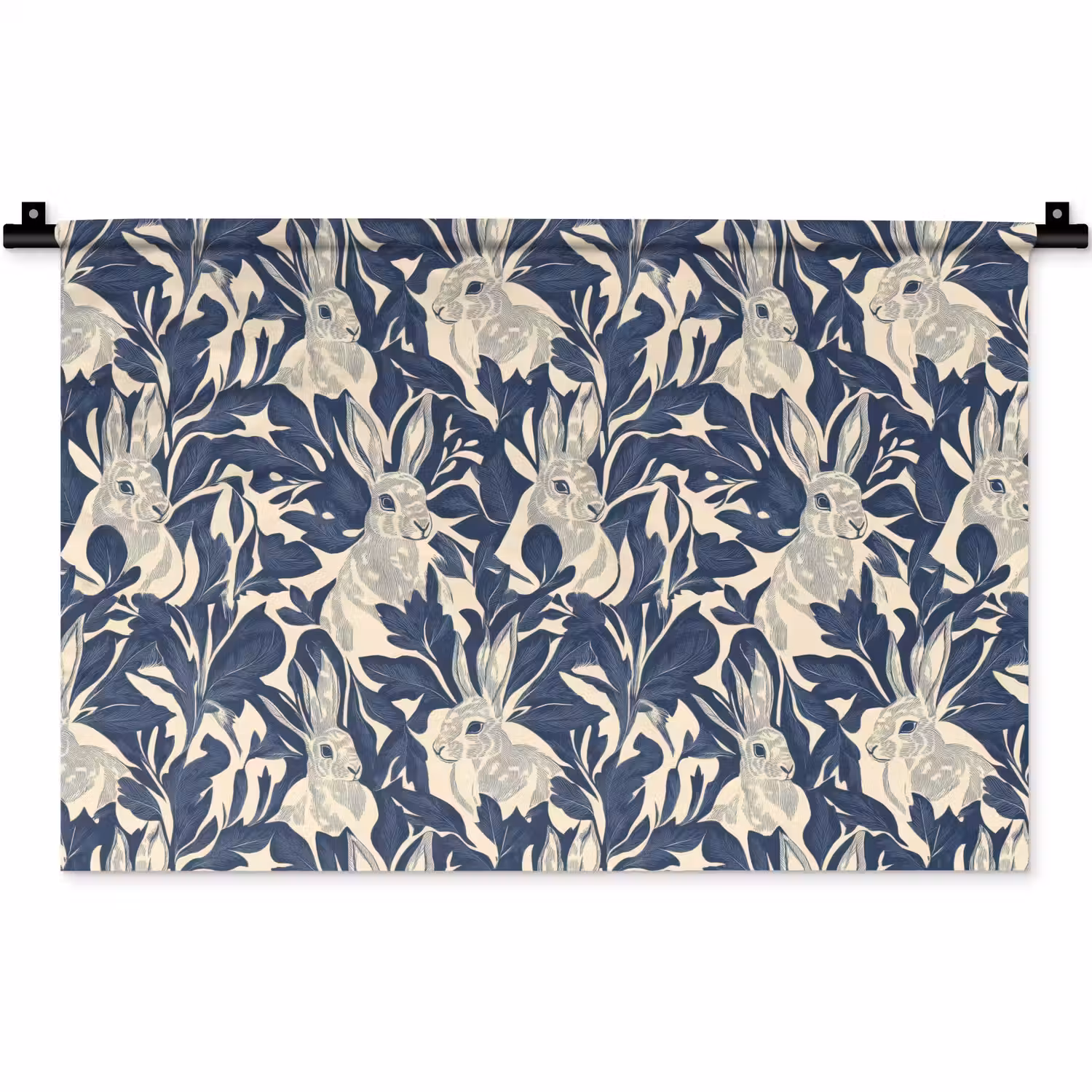 Hazen - Bladeren - Patroon - Blauw - Beige Wandkleed katoen klein 269 -zz3d