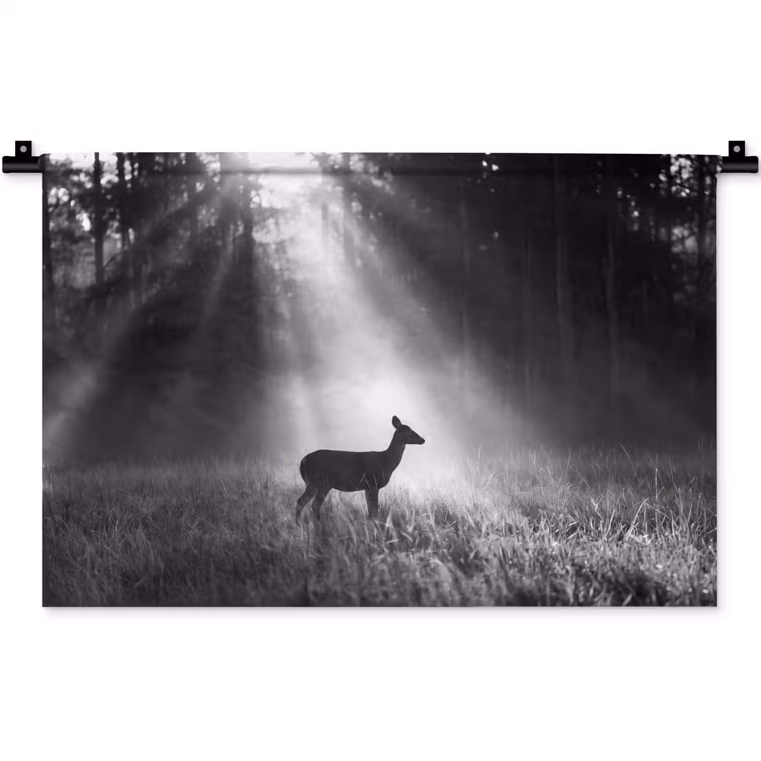 Hert - Bos - Zonnestralen - Zwart-wit - Natuur Wandkleed katoen klein -zz3d