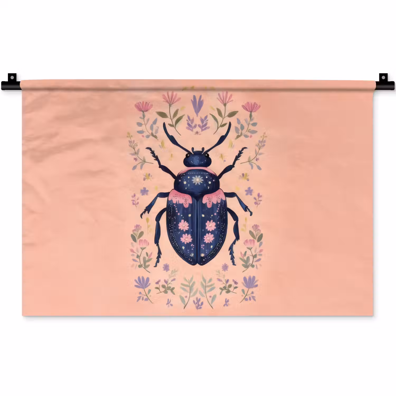 Kever - Donkerblauw - Bloemen - Sierlijk Wandkleed katoen klein -zz3d