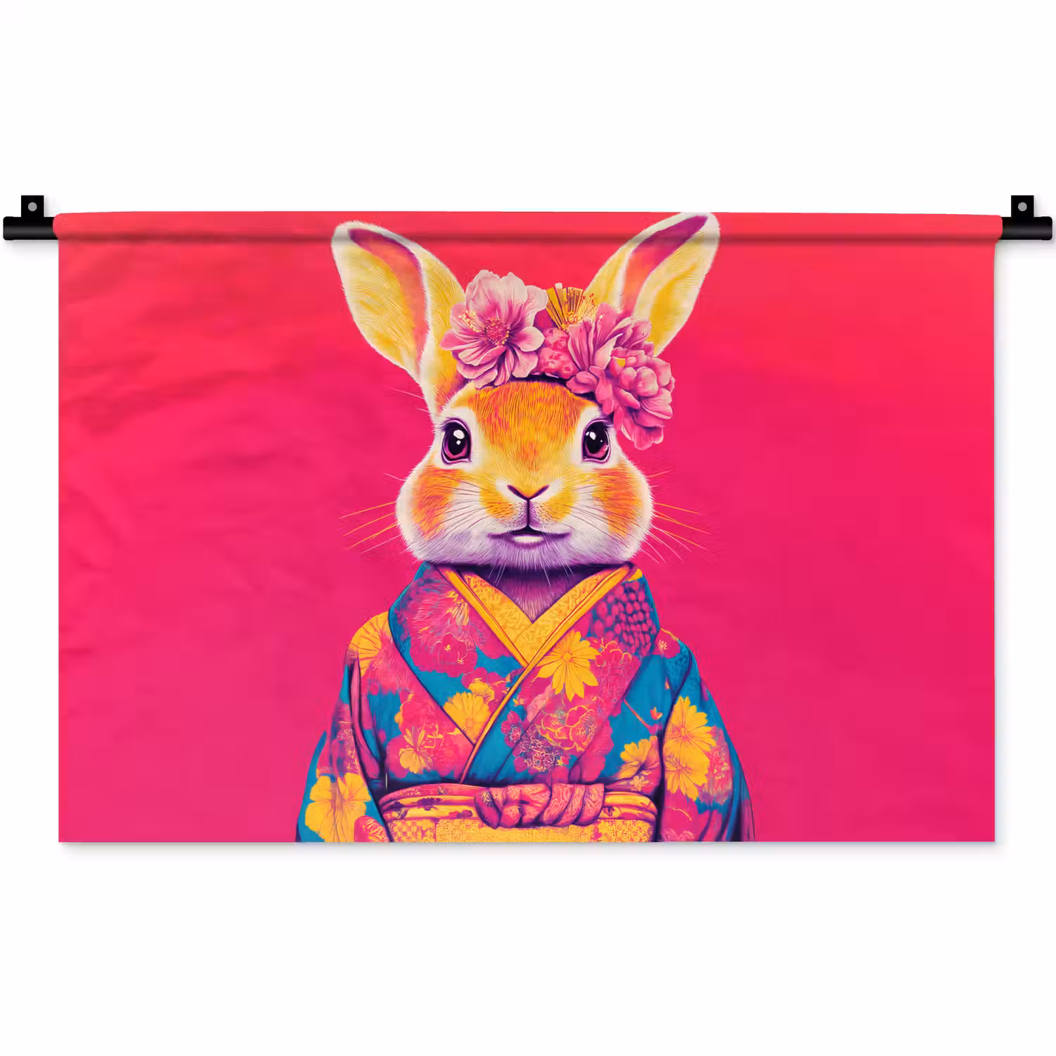 Konijn - Bloemen - Kleurrijk - Kimono Wandkleed katoen klein -zz3d