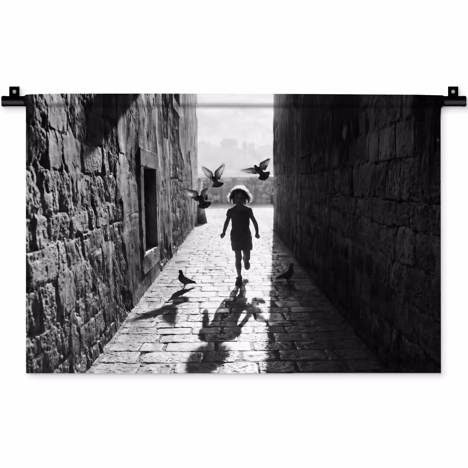 Kind - Vogel - Straat - Zwart-wit - Spelen Wandkleed katoen klein -zz3d